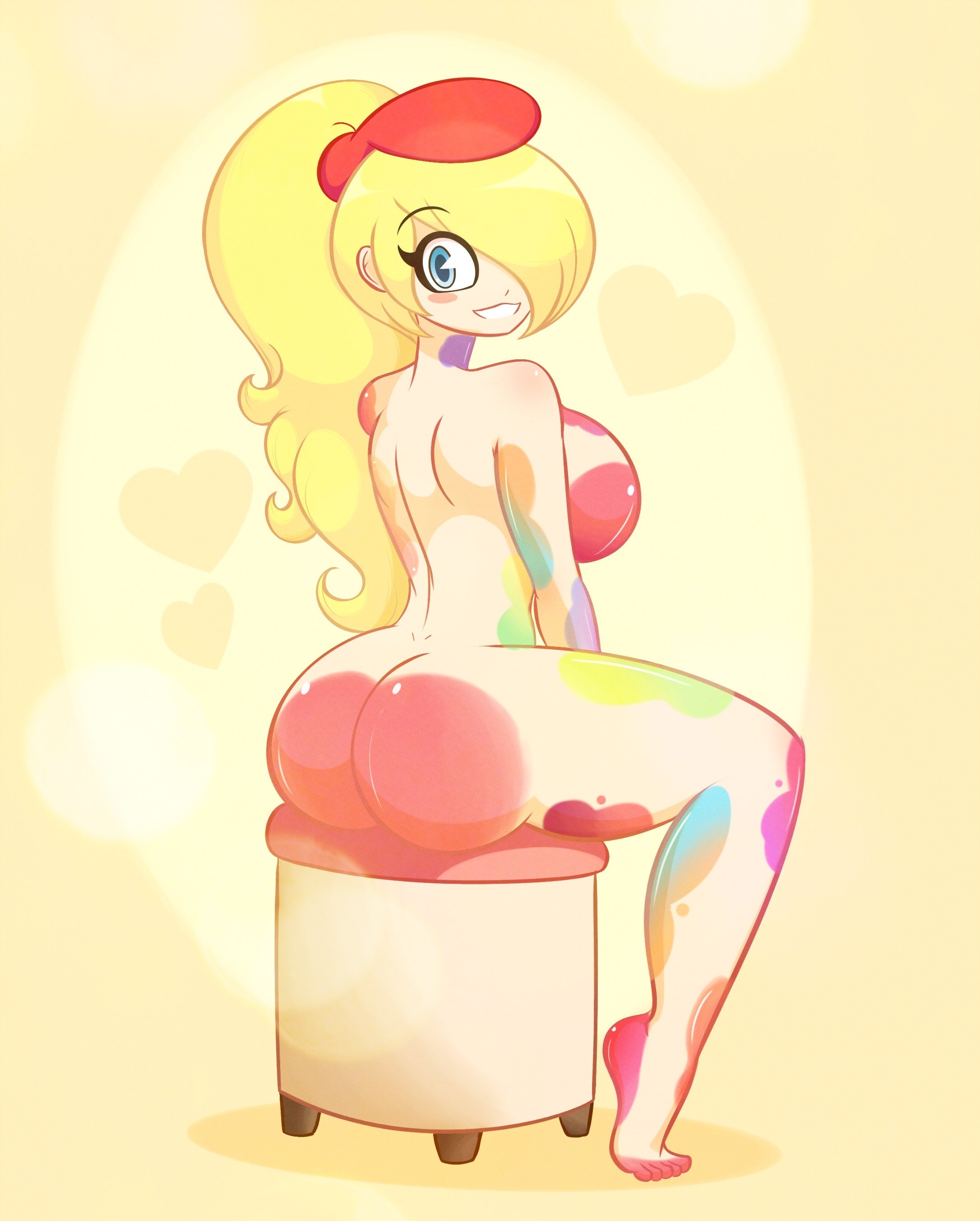 limbros, eve (limbros), original, absurdres, commentary, english commentary, highres, 1girl, ass, back, barefoot, blonde hair, blue eyes, bodypaint, breasts, completely nude, dimples of venus, from behind, full body, heart, large breasts, long hair, looking at viewer, looking back, naked paint, nude, on stool, paint, paint on body, ponytail, shiny skin, simple background, sitting, smile, solo, stool, teeth