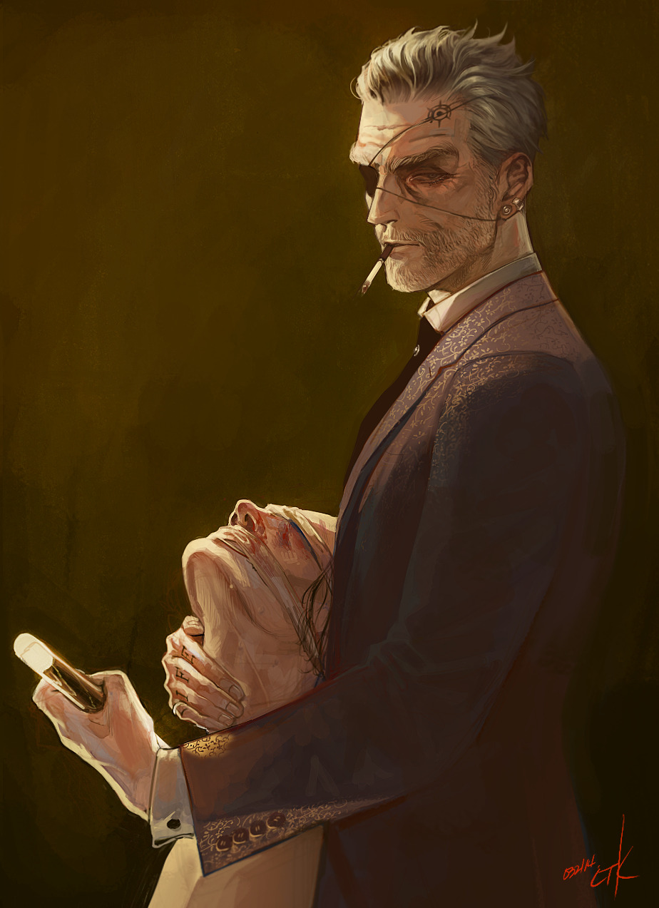 original, highres, 2boys, beard, black hair, black necktie, blindfold, cigarette, cloth gag, collared shirt, ctkcave, earrings, eyepatch, facial hair, finger tattoo, formal clothes, gag, gagged, grey suit, hand on another's neck, head tattoo, holding, holding weapon, improvised gag, jewelry, looking at viewer, male focus, multiple boys, necktie, old, old man, patterned clothing, shirt, smoking, stud earrings, suit, tattoo, thick eyebrows, weapon, white shirt