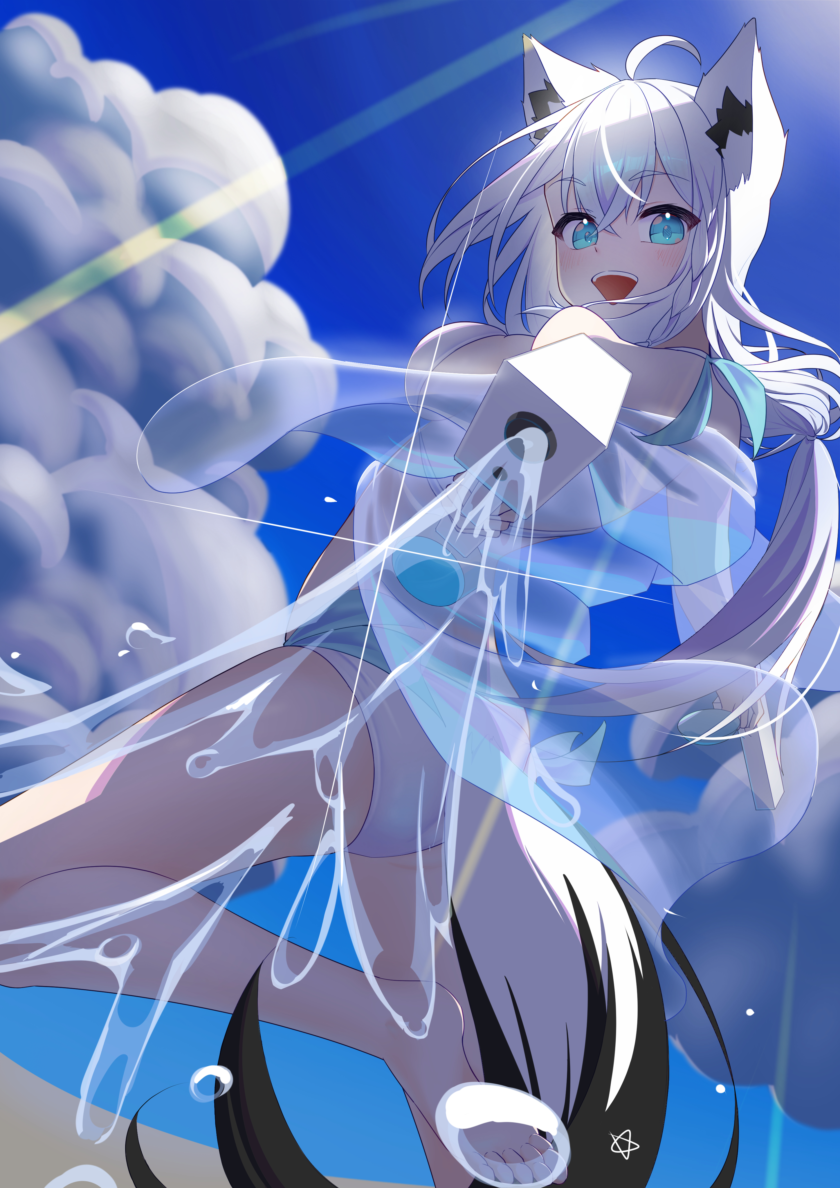 shirakami fubuki, hololive, holonatsu paradise, absurdres, commentary request, highres, 1girl, ahoge, animal ear fluff, animal ears, bikini, braid, cloud, cloudy sky, day, earrings, fox ears, fox girl, fox tail, green eyes, hair between eyes, holding, holding water gun, jewelry, leg up, long hair, looking at viewer, looking back, outdoors, pentagram, sidelocks, single braid, sky, solo, swimsuit, tail, torakanta, virtual youtuber, water, water gun, white bikini, white hair