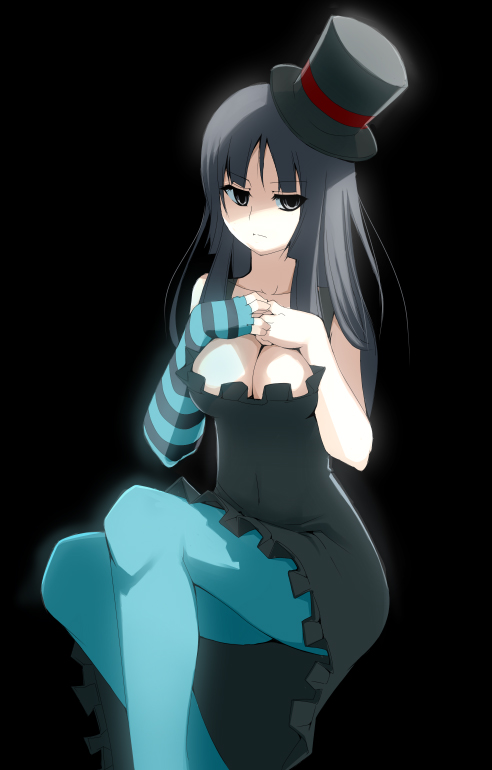 mu 2847, akiyama mio, don't say "lazy", k-on!, bad id, bad pixiv id, 00s, 1girl, black eyes, black hair, blue pantyhose, breast clinging, breast suppress, breasts, cleavage, dress, female focus, fingerless gloves, framed breasts, gloves, hat, long hair, pantyhose, simple background, solo, top hat