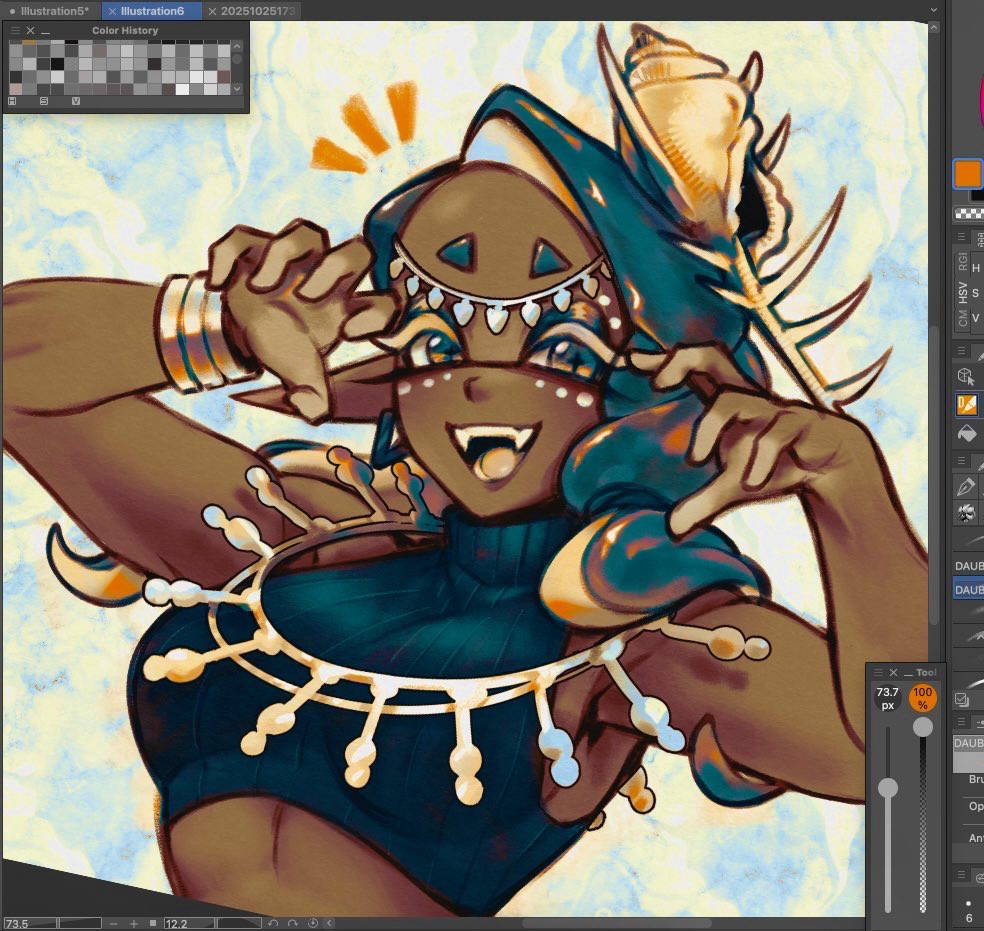 hojinxs, frye (splatoon), nintendo, splatoon (series), splatoon 3, + +, 1girl, art program in frame, blue eyes, blue hair, bracelet, breasts, crop top, dark-skinned female, dark skin, fangs, jewelry, long hair, medium breasts, open mouth, pointy ears, smile, solo, teeth, tentacle hair, tongue, upper body, upper teeth only
