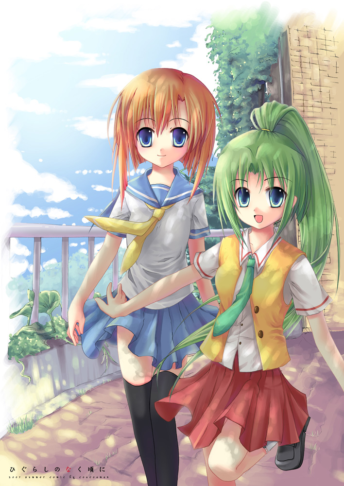 sousouman, ryuuguu rena, sonozaki mion, higurashi no naku koro ni, bad id, bad pixiv id, 00s, 2girls, black thighhighs, blue eyes, bob cut, clothes lift, green hair, green necktie, laughing, long hair, miniskirt, multiple girls, necktie, open mouth, orange hair, pleated skirt, ponytail, school uniform, serafuku, shoes, short hair, sidelocks, skirt, skirt lift, smile, standing, thighhighs, very long hair, vest, wind, wind lift, zettai ryouiki