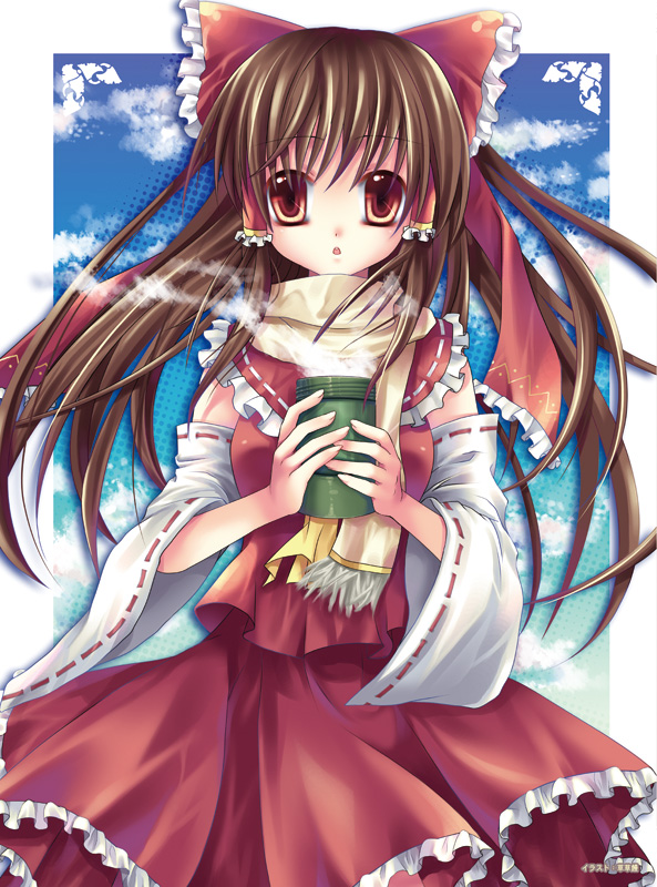 sousouman, hakurei reimu, perfect cherry blossom, touhou, bad id, bad pixiv id, 1girl, brown eyes, brown hair, detached sleeves, drink, female focus, japanese clothes, long hair, miko, red eyes, ribbon, scarf, solo