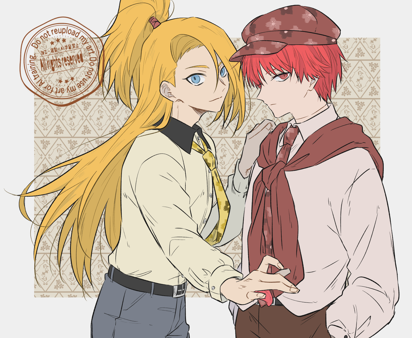 hayamin35, deidara (naruto), sasori (naruto), naruto (series), naruto shippuuden, 2boys, asymmetrical bangs, belt, beret, black pants, blonde hair, blue eyes, border, collared shirt, extra tongue, eyeliner, floral background, floral print, hand on another's shoulder, hat, implied yaoi, jacket, long hair, looking at viewer, makeup, male focus, multiple boys, official alternate costume, pants, red eyes, red hair, serious, shirt, short hair, simple background, smile, sweater, watermark, white border