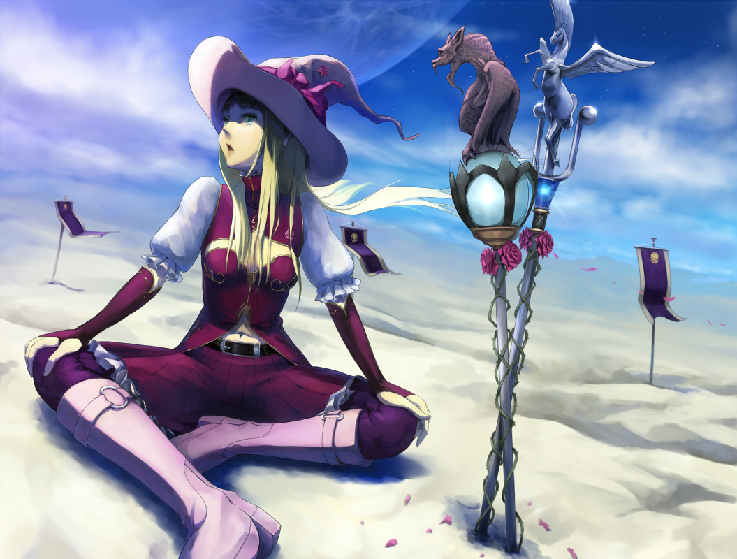 penpen (penpen1942), original, bad id, bad pixiv id, 1girl, blonde hair, boots, desert, female focus, flag, hat, long hair, pink boots, sitting, solo, staff, wind, witch hat