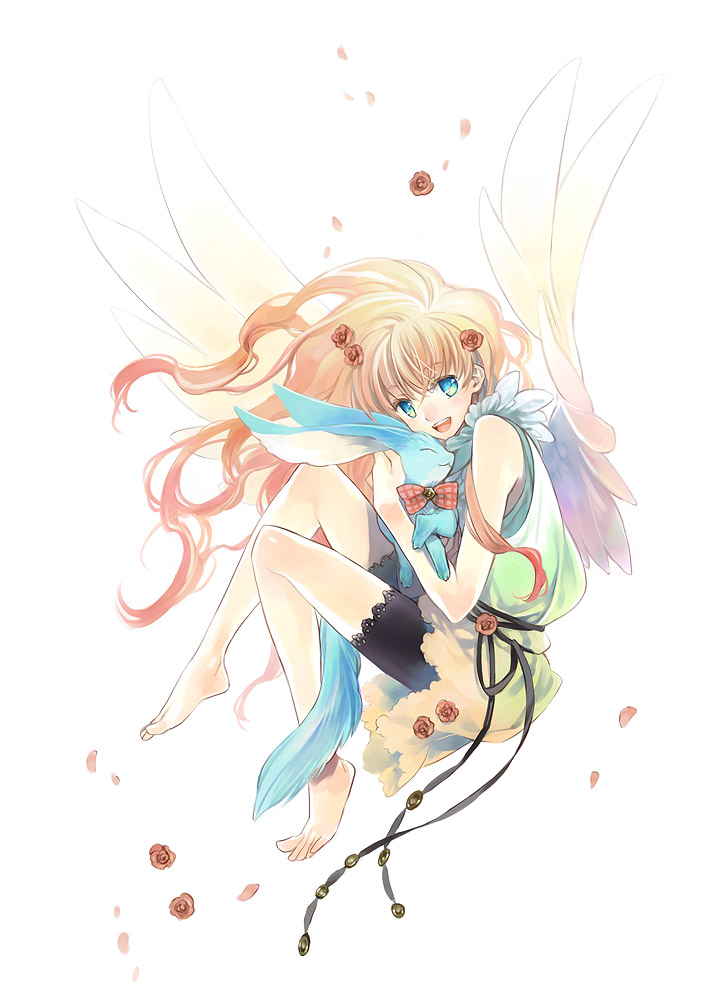 ashi, original, animal, barefoot, bike shorts, blush, brown hair, dress, feet, flower, happy, hug, long hair, rose, solo, spandex, wings