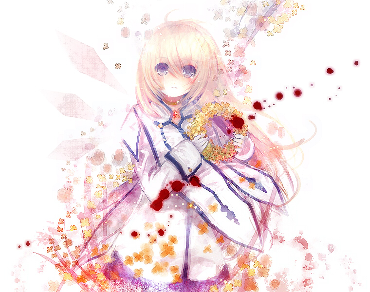 rori (artist), rotarietto, colette brunel, tales of (series), tales of symphonia, bad id, bad pixiv id, 00s, 1girl, blonde hair, blood, blue eyes, blush, dress, gloves, long hair, tears, white hair, wreath