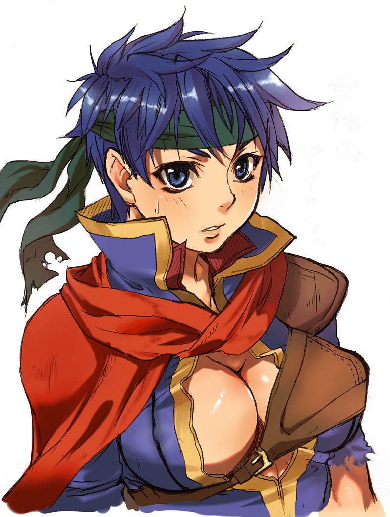 yajiro masaru, ike (fire emblem), fire emblem, fire emblem: path of radiance, fire emblem: radiant dawn, nintendo, 1girl, blue eyes, blue hair, blush, breasts, cleavage, cleavage cutout, clothing cutout, female focus, genderswap, genderswap (mtf), headband, large breasts, matching hair/eyes, short hair, solo, sweatdrop