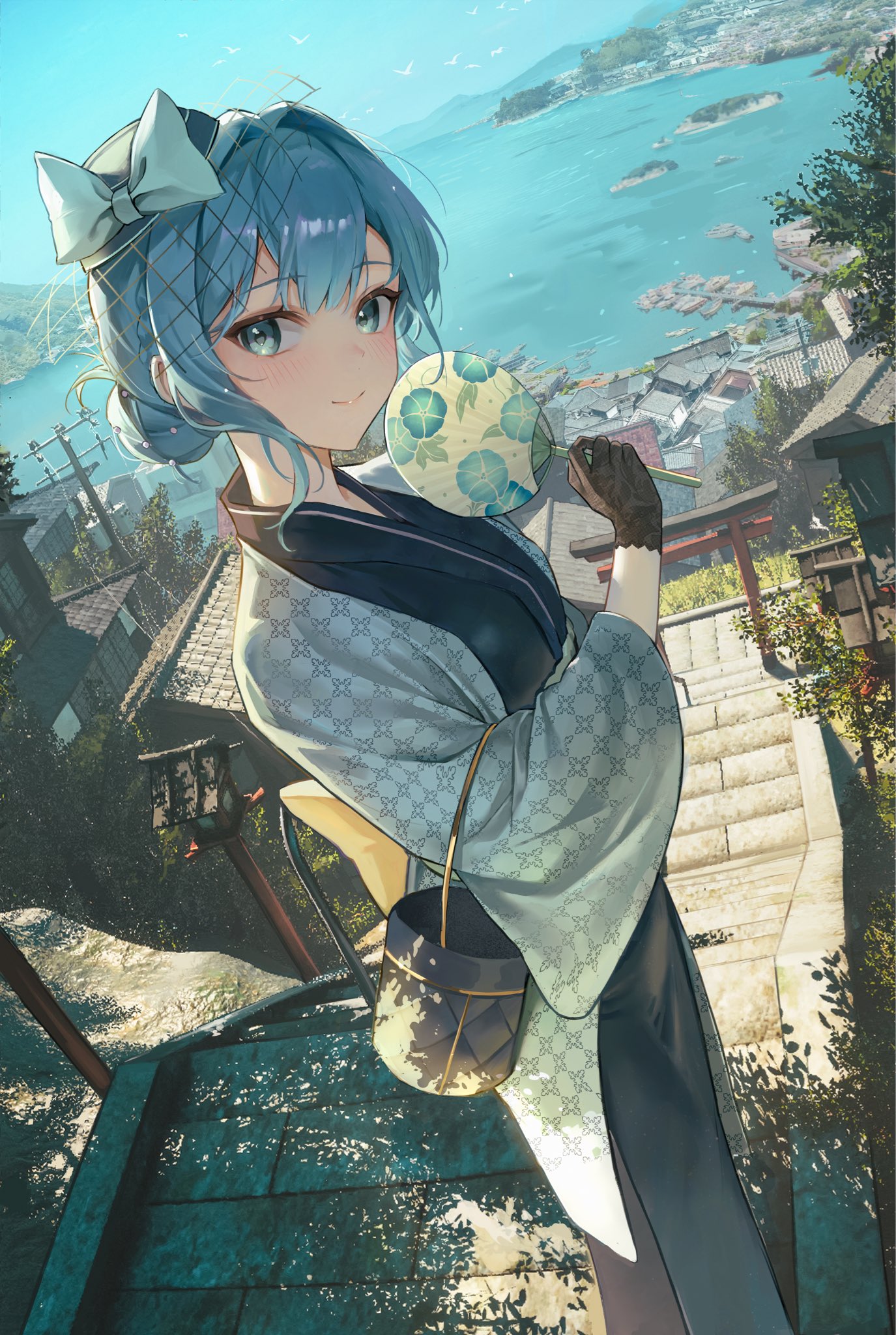 yulmu1005, hoshimachi suisei, hololive, commentary request, highres, 1girl, blue eyes, blue hair, hair net, hair ornament, hair ribbon, looking at viewer, ribbon, shinto, solo, stairs, torii