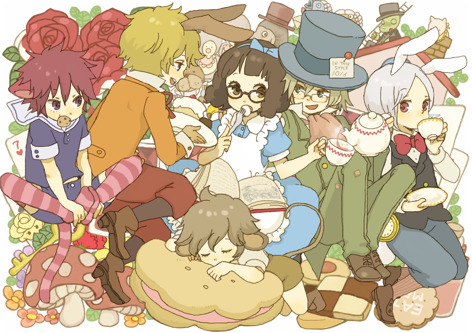 yukke, cheshire cat (alice in wonderland), dormouse (wonderland), mad hatter (alice in wonderland), march hare (wonderland), alice's adventures in wonderland, highres, 1girl, 5boys, animal ears, cat ears, cat tail, dress, eat me, flower, glasses, mouse ears, multiple boys, mushroom, rabbit ears, striped clothes, striped thighhighs, tail, tea, thighhighs, walrus