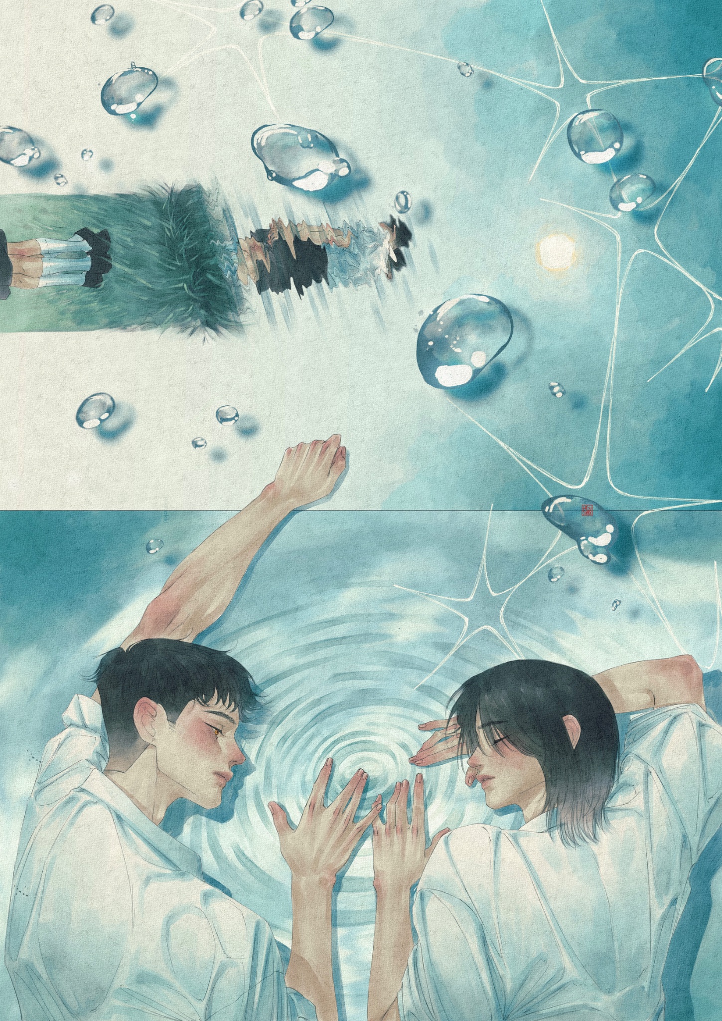 original, highres, 2boys, black hair, black shoes, closed eyes, finger touching, implied yaoi, kieltokki, looking at another, male focus, multiple boys, reflection, reflective water, ripples, shirt, shoes, shorts, socks, water, water drop, white shirt, white socks