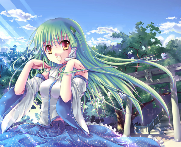 sousouman, kochiya sanae, touhou, bad id, bad pixiv id, 1girl, day, detached sleeves, female focus, frog, green eyes, hair ornament, japanese clothes, light rays, long hair, miko, nature, open mouth, sky, smile, snake, solo, stairs, sunbeam, sunlight, torii, tree, yellow eyes