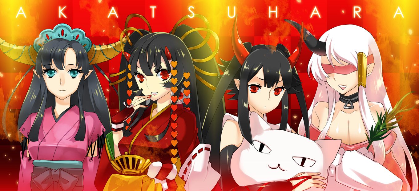 mami (apsaras), pixiv fantasia, pixiv fantasia 3, bad id, bad pixiv id, 4girls, akatsuhara empire, bare shoulders, black hair, blindfold, blue eyes, breasts, cleavage, collar, elbow gloves, gloves, horns, huge breasts, japanese clothes, kimono, long hair, multiple girls, nail polish, oni, pointy ears, red eyes, red nails, twintails, white hair