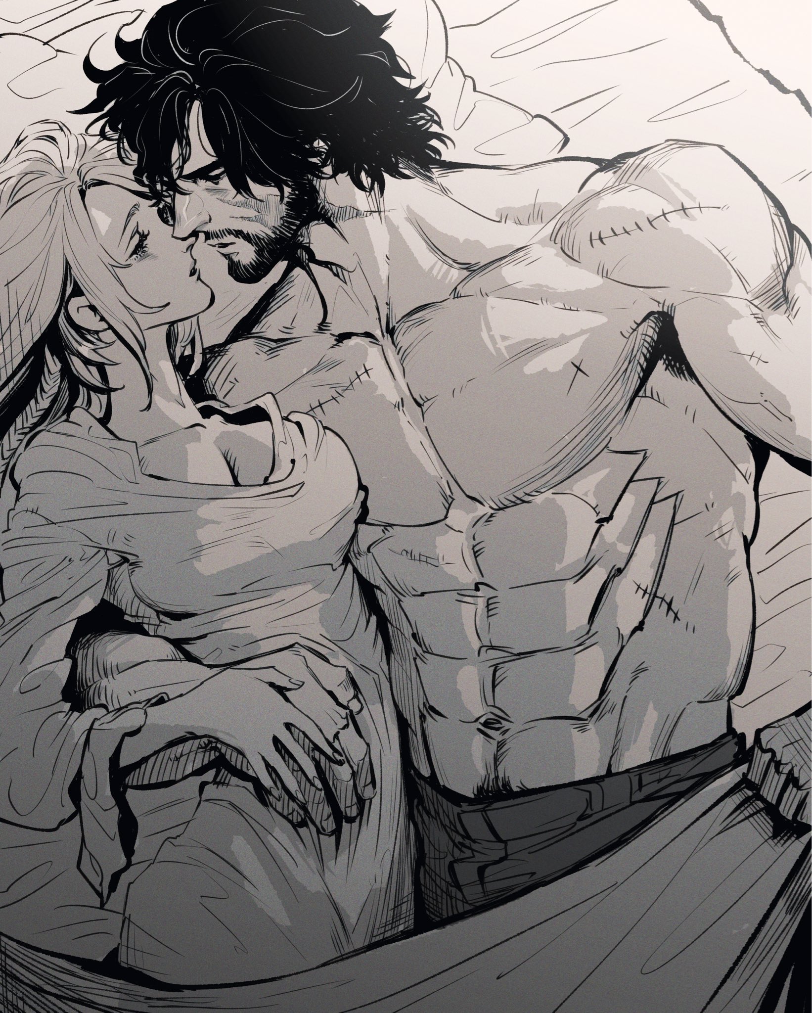 kasuke (li tgknk), clive rosfield, jill warrick, final fantasy, final fantasy xvi, commentary, highres, symbol-only commentary, 1boy, 1girl, abs, beard, bed, braid, breasts, cleavage, facial hair, greyscale, hand on another's stomach, imminent kiss, male pubic hair, monochrome, muscular, muscular male, nightgown, on bed, pectorals, pubic hair, pubic hair peek, scar, scar on face, single braid, topless male