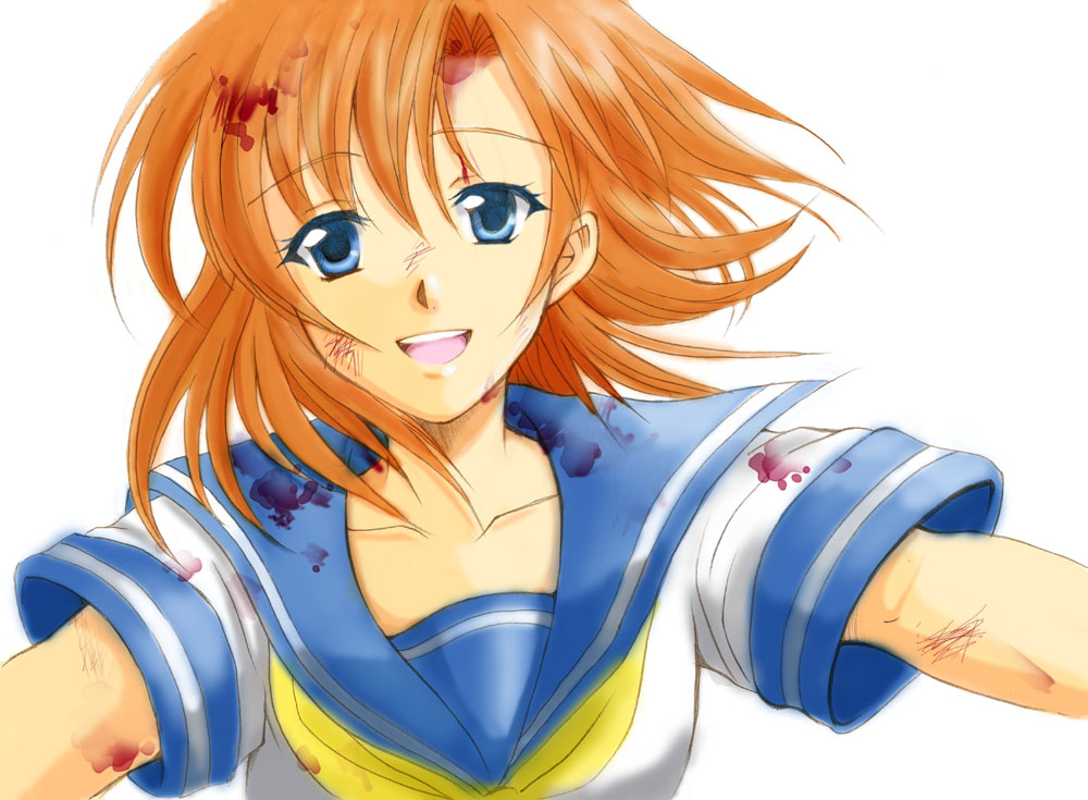 marine (thanks), ryuuguu rena, higurashi no naku koro ni, 00s, believe in me, blood, blue eyes, orange hair, outstretched arms, short hair, solo, spread arms