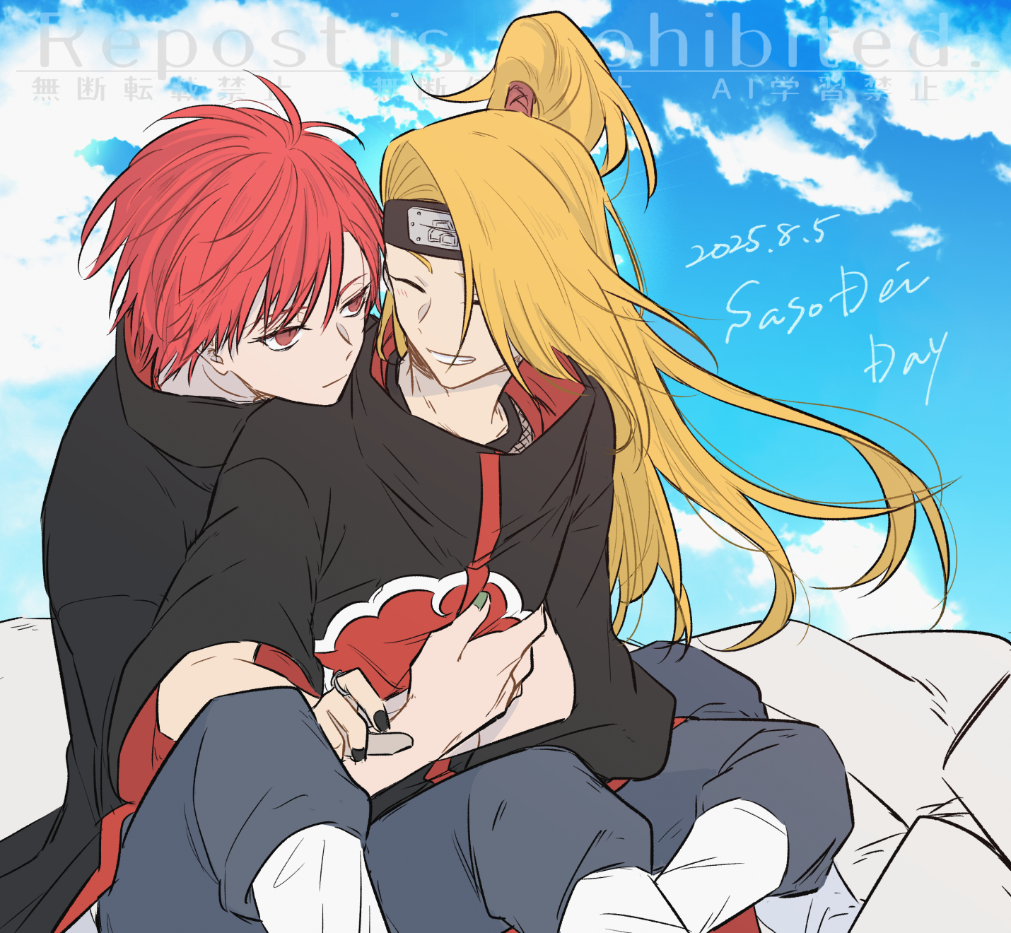 hayamin35, deidara (naruto), sasori (naruto), naruto (series), highres, 2boys, ^ ^, akatsuki uniform, asymmetrical bangs, black nails, blonde hair, closed eyes, cloud, english text, eyeliner, fishnet top, fishnets, flying, forehead protector, green nails, grey pants, grin, happy, high ponytail, hug, hug from behind, implied yaoi, iwagakure symbol, jewelry, long hair, makeup, male focus, multiple boys, pants, ponytail, red eyes, red hair, ring, robe, sky, smile, watermark
