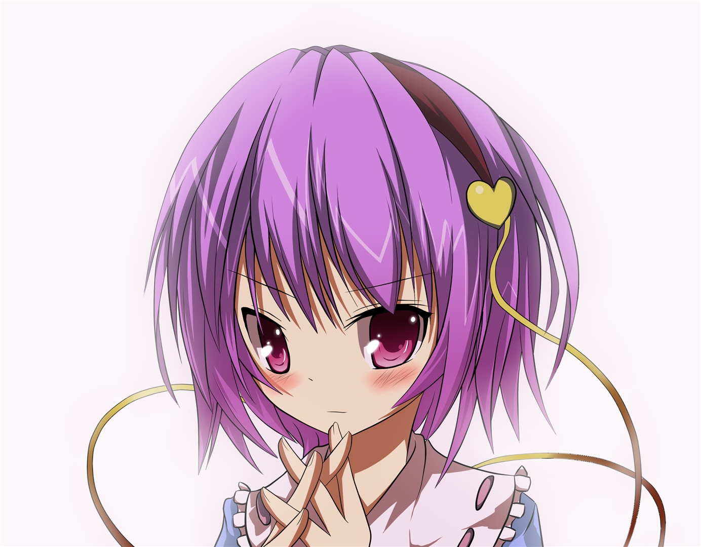 hikobae, komeiji satori, touhou, bad id, bad pixiv id, 1girl, blush, female focus, hair ornament, hairband, own hands clasped, own hands together, pink eyes, pink hair, purple eyes, purple hair, short hair, solo