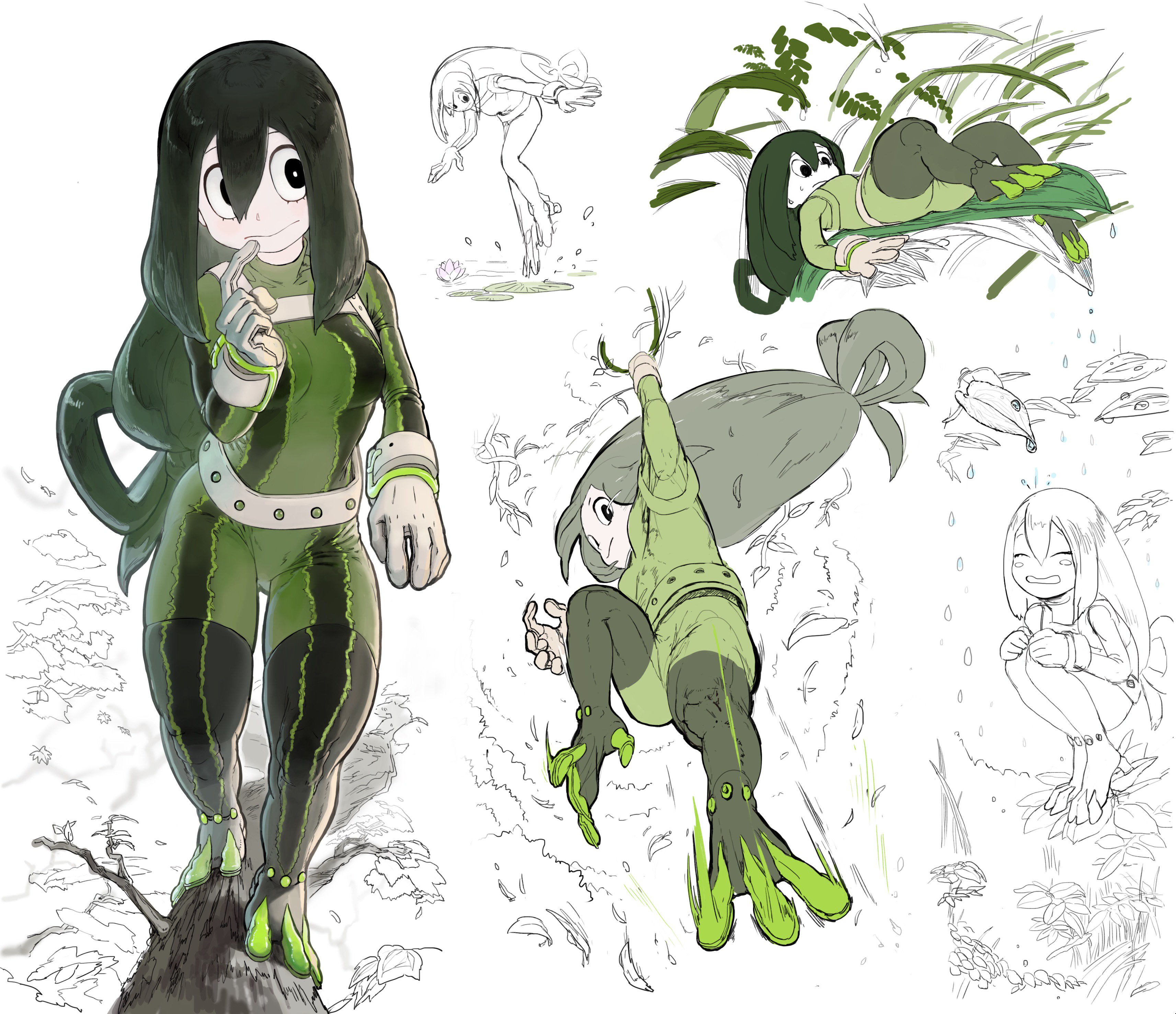 asui tsuyu, boku no hero academia, absurdres, commentary request, highres, 1girl, 666frafra, black eyes, bodysuit, frog girl, green bodysuit, leaf, long hair, multiple views, rain, solo, superhero costume