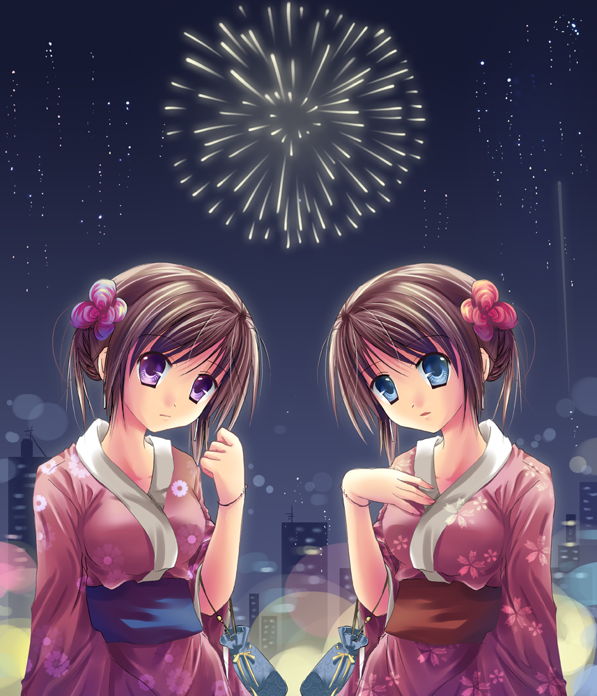 hanahanamaki, bad id, bad pixiv id, 2girls, aerial fireworks, arm at side, bag, blue eyes, blurry, bokeh, bracelet, breasts, brown hair, cityscape, depth of field, drawstring, drawstring bag, earrings, fireworks, hair bun, hair ornament, hand on own chest, hand up, japanese clothes, jewelry, kimono, long sleeves, looking at viewer, looking to the side, medium breasts, multiple girls, outdoors, parted lips, pink kimono, purple eyes, sash, short hair, single hair bun, yukata