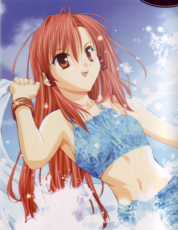 tenhiro naoto, carmine rhodonite, world's end, 1girl, bikini, brown eyes, female focus, long hair, red hair, sarong, solo, splashing, swimsuit, tankini, unworn sarong