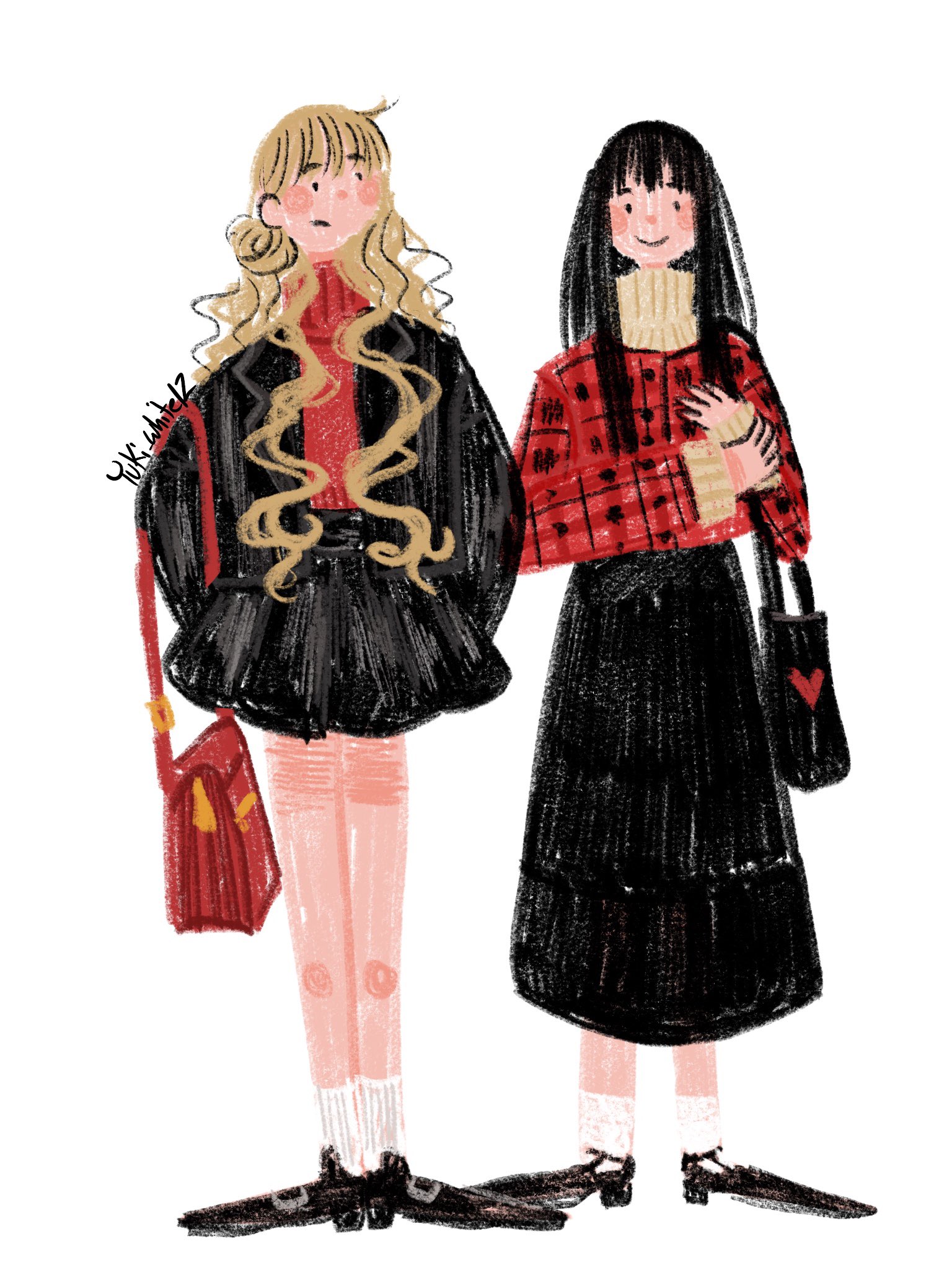 kuronuma sawako, kurumizawa ume, kimi ni todoke, commentary, english commentary, highres, 2girls, black hair, black jacket, black skirt, blonde hair, blunt bangs, blush stickers, closed mouth, full body, hands in pockets, jacket, long hair, multiple girls, red sweater, signature, simple background, skirt, smile, socks, sweater, turtleneck, turtleneck sweater, white background, white socks, yuki white12