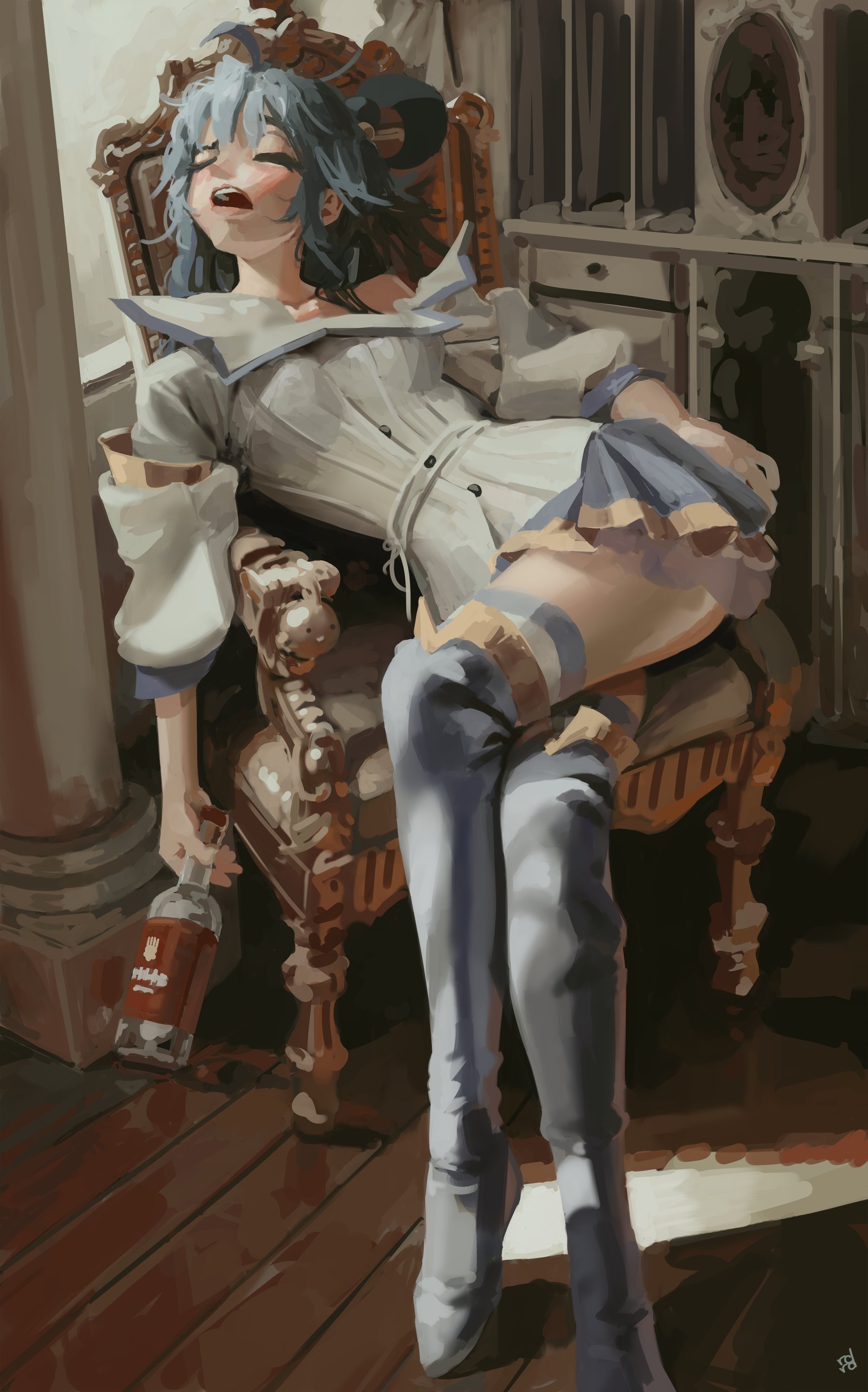 dana (ocana dana), aqua (konosuba), kono subarashii sekai ni shukufuku wo!, absurdres, highres, 1girl, blue boots, blue hair, blue skirt, blue trim, boots, bottle, breasts, chair, closed eyes, dress, drunk, hair ornament, hair rings, holding, holding bottle, indoors, long hair, long sleeves, on chair, open mouth, raised eyebrow, signature, skirt, sleeping, sleeves rolled up, socks, solo, sphere hair ornament, thigh boots, thighhighs, white dress, white socks, wooden floor, yellow trim