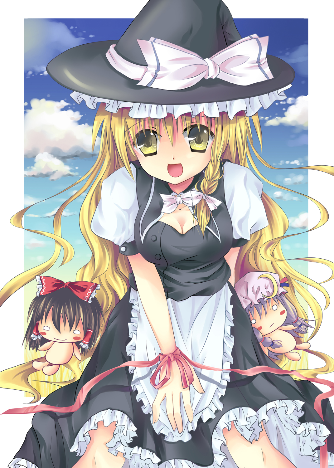 hanahanamaki, hakurei reimu, kirisame marisa, patchouli knowledge, touhou, bad id, bad pixiv id, highres, 1girl, apron, blonde hair, blush stickers, bow, braid, buttons, character doll, cloud, crescent, crescent moon, doll, dress, female focus, hair bow, hair ribbon, hat, moon, open mouth, outdoors, ribbon, sky, solo, witch, witch hat, yellow eyes