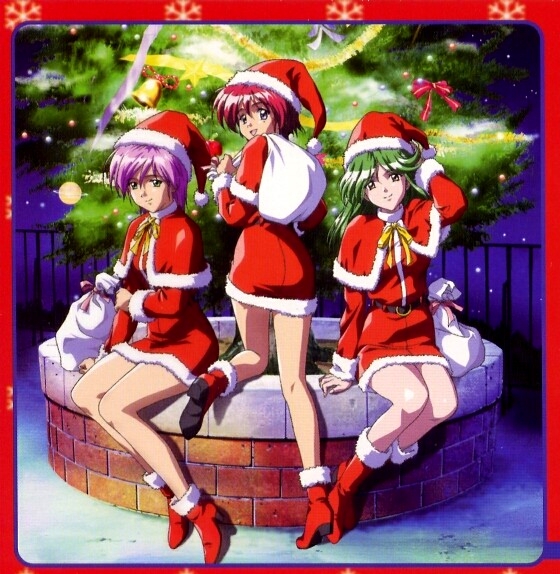 kokura masashi, asou kasumi, hinomoto hikari, yae kaori, tokimeki memorial, tokimeki memorial 2, official art, scan, 1990s (style), 3girls, belt, boots, border, christmas, christmas tree, green hair, hat, high heels, mole, mole under eye, multiple girls, night, outdoors, purple hair, red border, red hair, retro artstyle, sack, santa costume, santa hat, shoes, short hair, sitting, smile, tree