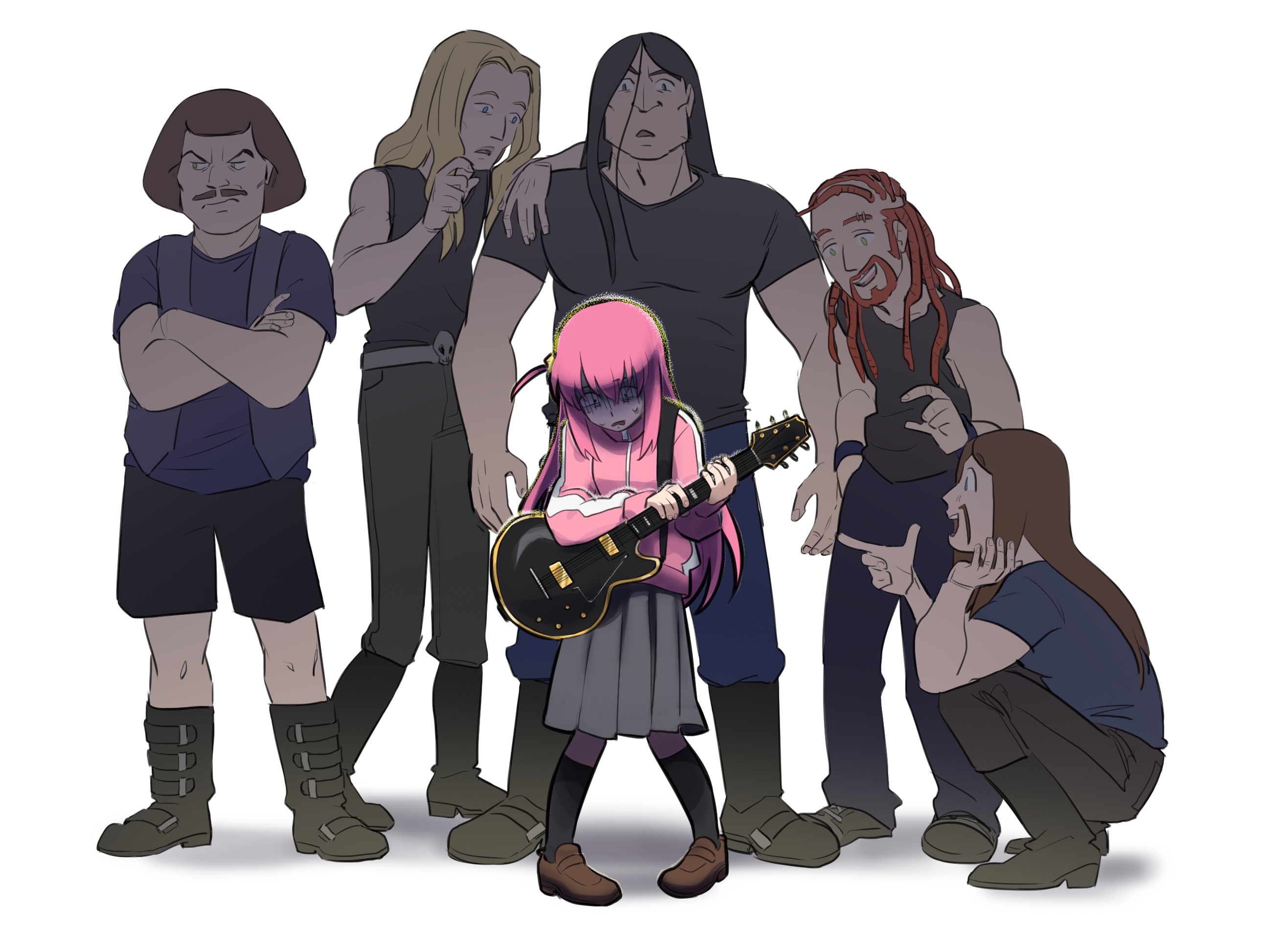 shouri (mirrorshards), gotoh hitori, nathan explosion, pickles (dethklok), skwisgaar skwigelf, toki wartooth, bocchi the rock!, dethklok, metalocalypse, commentary request, highres, 1girl, beard, black hair, black socks, blonde hair, blue eyes, boots, brown hair, brown shoes, crossed arms, crossover, electric guitar, eyebrow piercing, face piercing, facial hair, frown, gibson les paul, gibson les paul custom, green eyes, grey skirt, guitar, hair ornament, instrument, jacket, mustache, open mouth, piercing, pink hair, red hair, shoes, skirt, smile, socks, squatting, standing, tank top, track jacket, vest, william murderface, wristband