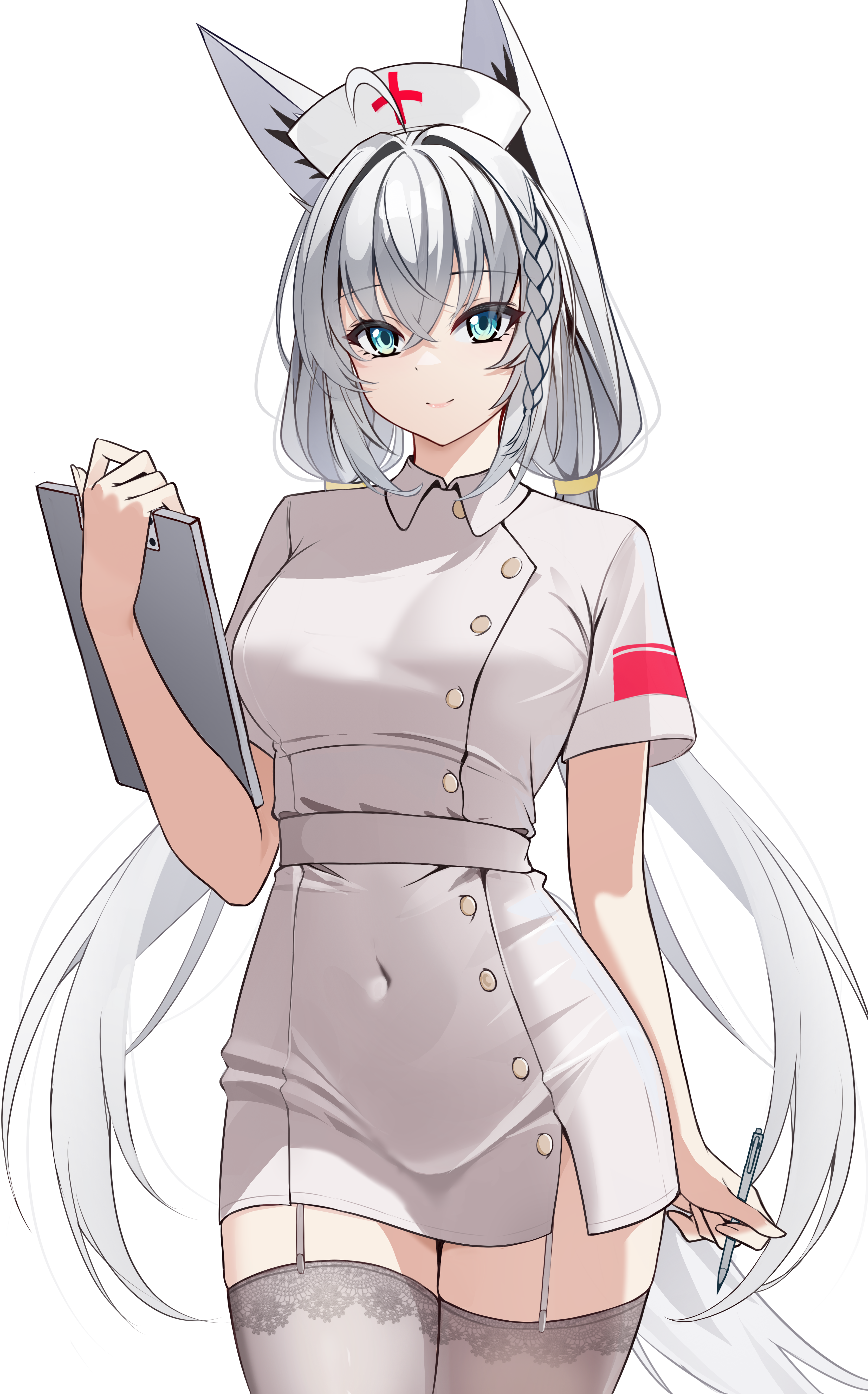 keystone (costone), shirakami fubuki, hololive, absurdres, commentary request, highres, 1girl, ahoge, animal ear fluff, animal ears, belt, braid, breasts, clipboard, covered navel, cross, fox ears, fox girl, fox tail, green eyes, grey thighhighs, hair between eyes, hat, holding, holding clipboard, holding pen, long hair, looking at viewer, low twintails, nurse, nurse cap, pen, red cross, short sleeves, sidelocks, simple background, single braid, solo, tail, thighhighs, twintails, virtual youtuber, white background, white hair, zettai ryouiki