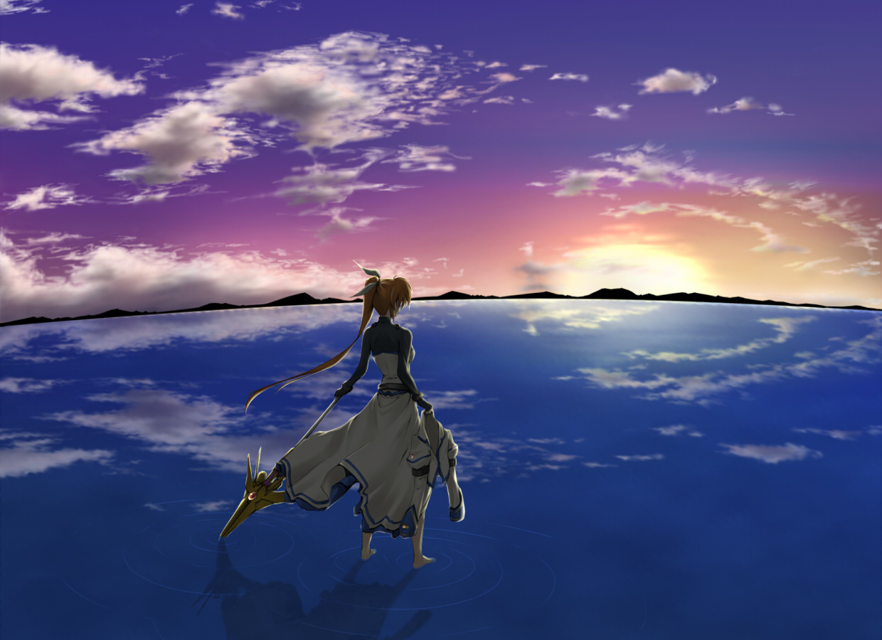 aito (indigorabbit), raising heart, raising heart (exceed mode), takamachi nanoha, takamachi nanoha (exceed mode), lyrical nanoha, mahou shoujo lyrical nanoha, mahou shoujo lyrical nanoha strikers, 00s, 1girl, barefoot, brown hair, cloud, female focus, hair ribbon, horizon, long hair, ponytail, ribbon, sky, solo, sunset, water
