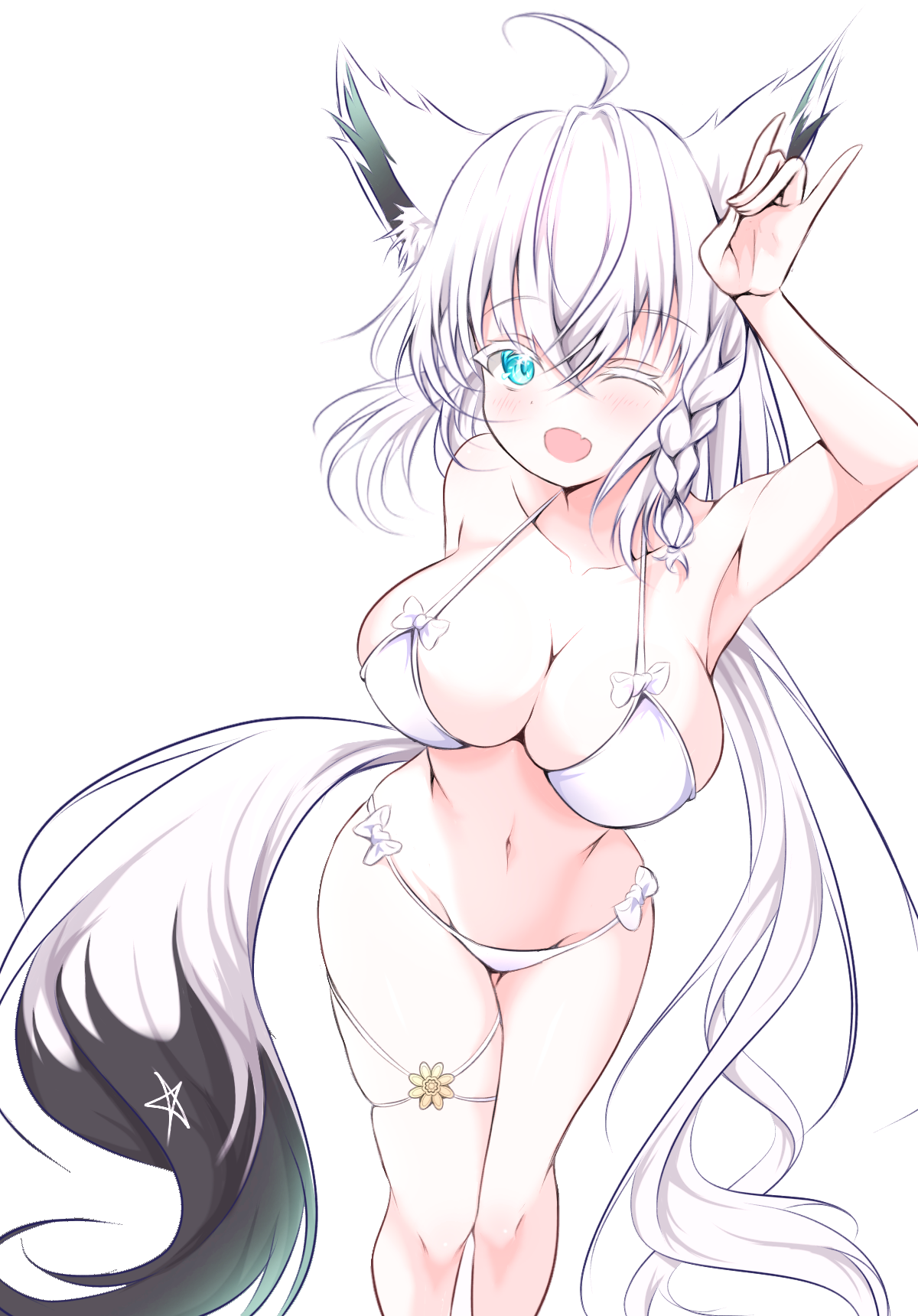 reborn (killia kiryu), shirakami fubuki, hololive, commentary request, highres, 1girl, ahoge, animal ear fluff, animal ears, bikini, blush, braid, breasts, fang, fox ears, fox girl, fox shadow puppet, fox tail, green eyes, hair between eyes, jewelry, large breasts, long hair, looking at viewer, one eye closed, open mouth, pentagram, sidelocks, simple background, single braid, skin fang, solo, swimsuit, tail, thigh strap, virtual youtuber, white background, white bikini, white hair