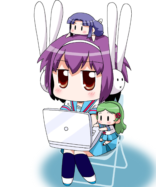 kono, kono1, achakura, asakura ryoko, kimidori-san, kimidori emiri, nagato yuki, suzumiya haruhi-chan no yuuutsu, suzumiya haruhi no yuuutsu, 00s, 3girls, blue hair, blush, brown eyes, bunny headphones, chair, chibi, computer, computer keyboard, folding chair, green hair, hair ornament, headphones, kneehighs, laptop, long hair, lying, multiple girls, object on head, on stomach, pleated skirt, purple hair, school uniform, serafuku, shadow, shoes, short hair, simple background, sitting, skirt, socks, x mouth