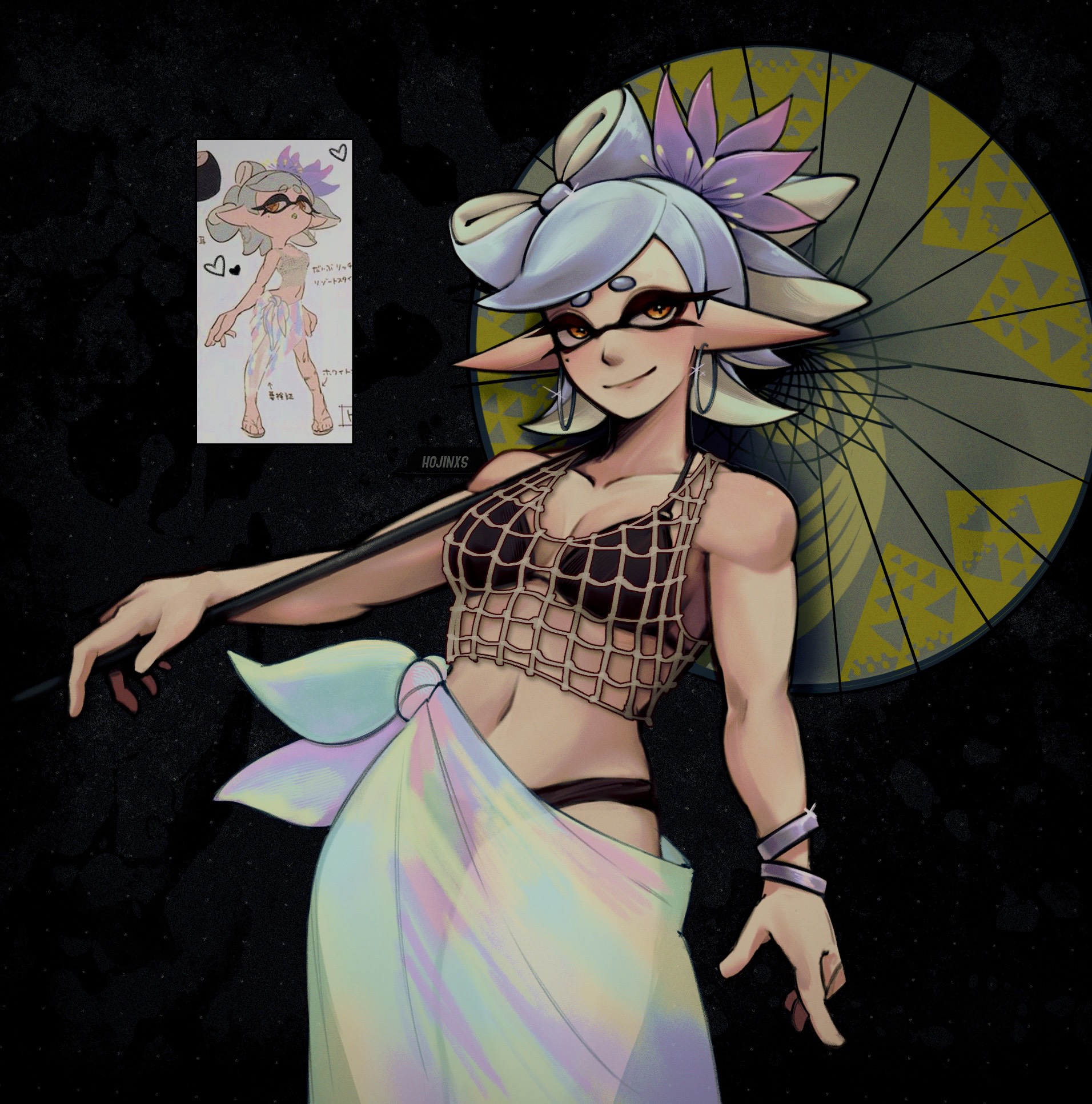 hojinxs, marie (splatoon), nintendo, splatoon (series), highres, 1girl, bikini, black bikini, bracelet, breasts, brown eyes, cleavage, closed mouth, collarbone, earrings, grey hair, holding, holding umbrella, hoop earrings, jewelry, looking at viewer, medium breasts, parasol, pointy ears, reference inset, short hair, smile, solo, swimsuit, umbrella