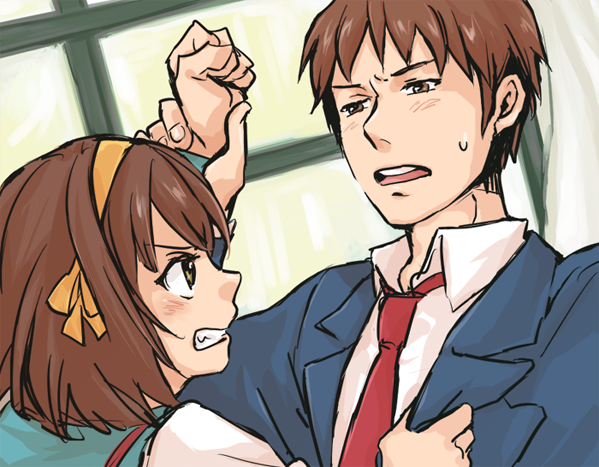 pe88y (yu tsugirls), kyon, suzumiya haruhi, suzumiya haruhi no yuuutsu, bad id, bad pixiv id, 00s, 1boy, 1girl, angry, brown hair, hairband, school uniform, serafuku, short hair