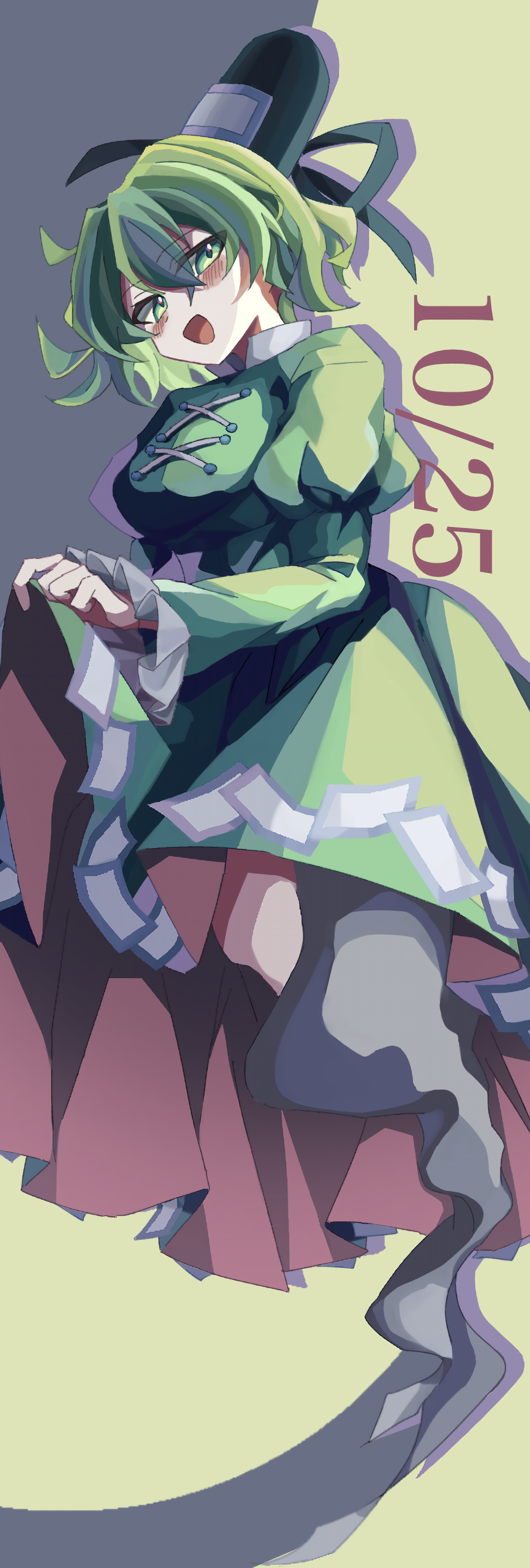 soga no tojiko, touhou, absurdres, commentary request, cropped, highres, 1girl, :d, black hat, black ribbon, breasts, dated, dress, frills, full body, ghost tail, green background, green dress, green eyes, green hair, grey background, hat, hat ribbon, large breasts, long sleeves, looking at viewer, ofuda, ofuda on clothes, open mouth, puffy long sleeves, puffy sleeves, ribbon, short hair, skirt hold, smile, solo, tate eboshi, two-tone background, xing mao yin (ksyd4458)