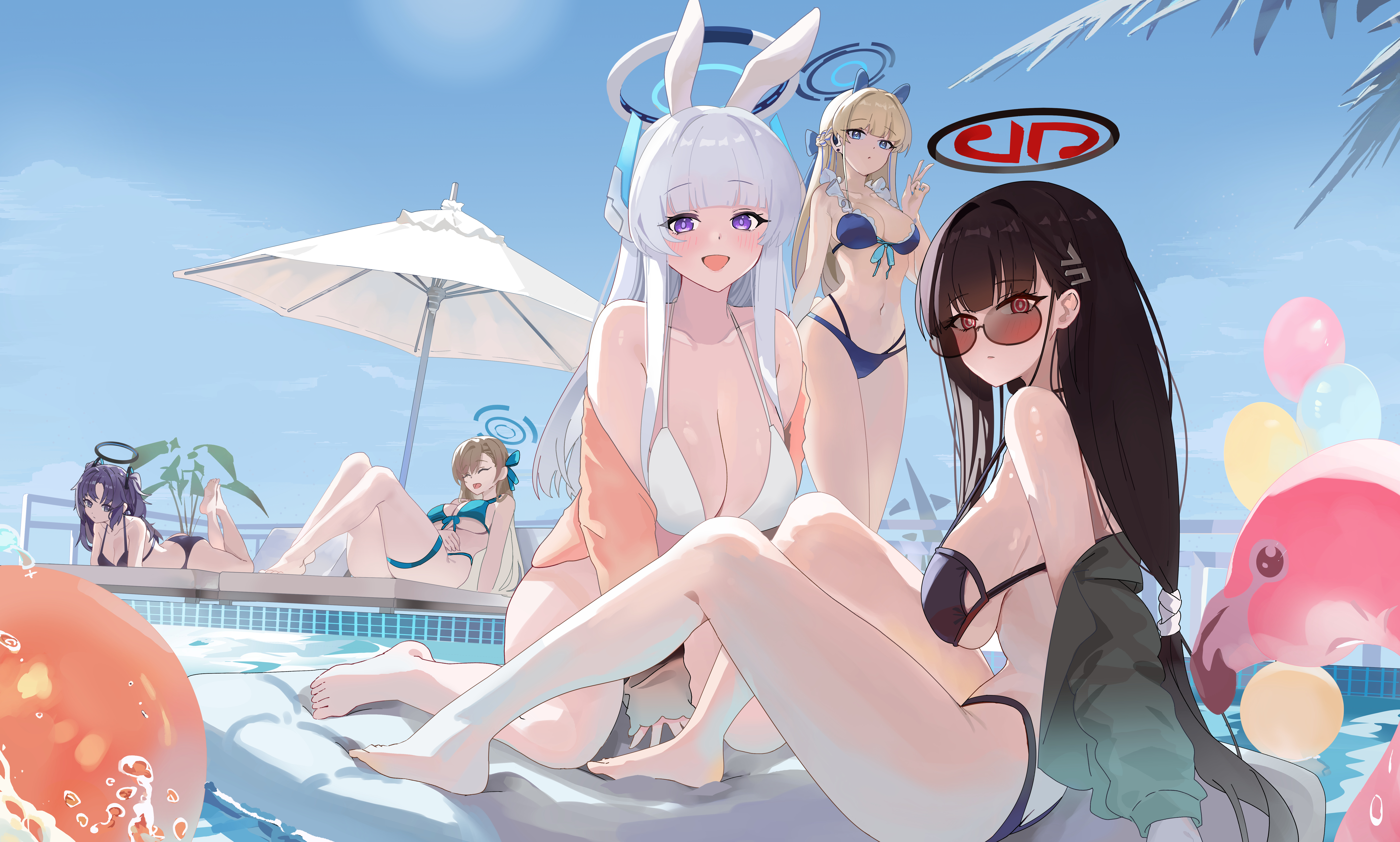 orblack, asuna (blue archive), noa (blue archive), rio (blue archive), toki (blue archive), yuuka (blue archive), blue archive, absurdres, bilingual commentary, chinese commentary, commentary request, highres, mixed-language commentary, 5girls, :d, ^ ^, ass, ball, balloon, bare shoulders, barefoot, bikini, black bikini, blonde hair, blue bikini, blue sky, blue streaks, blunt bangs, blush, breasts, butt crack, cleavage, closed eyes, cloud, day, hair ornament, hairclip, halo, inflatable flamingo, large breasts, long hair, looking at viewer, lying, multiple girls, navel, off shoulder, on stomach, open mouth, outdoors, parasol, pool, purple eyes, red eyes, ringed eyes, sitting, sky, smile, sunglasses, swimsuit, umbrella, v, white bikini, white hair