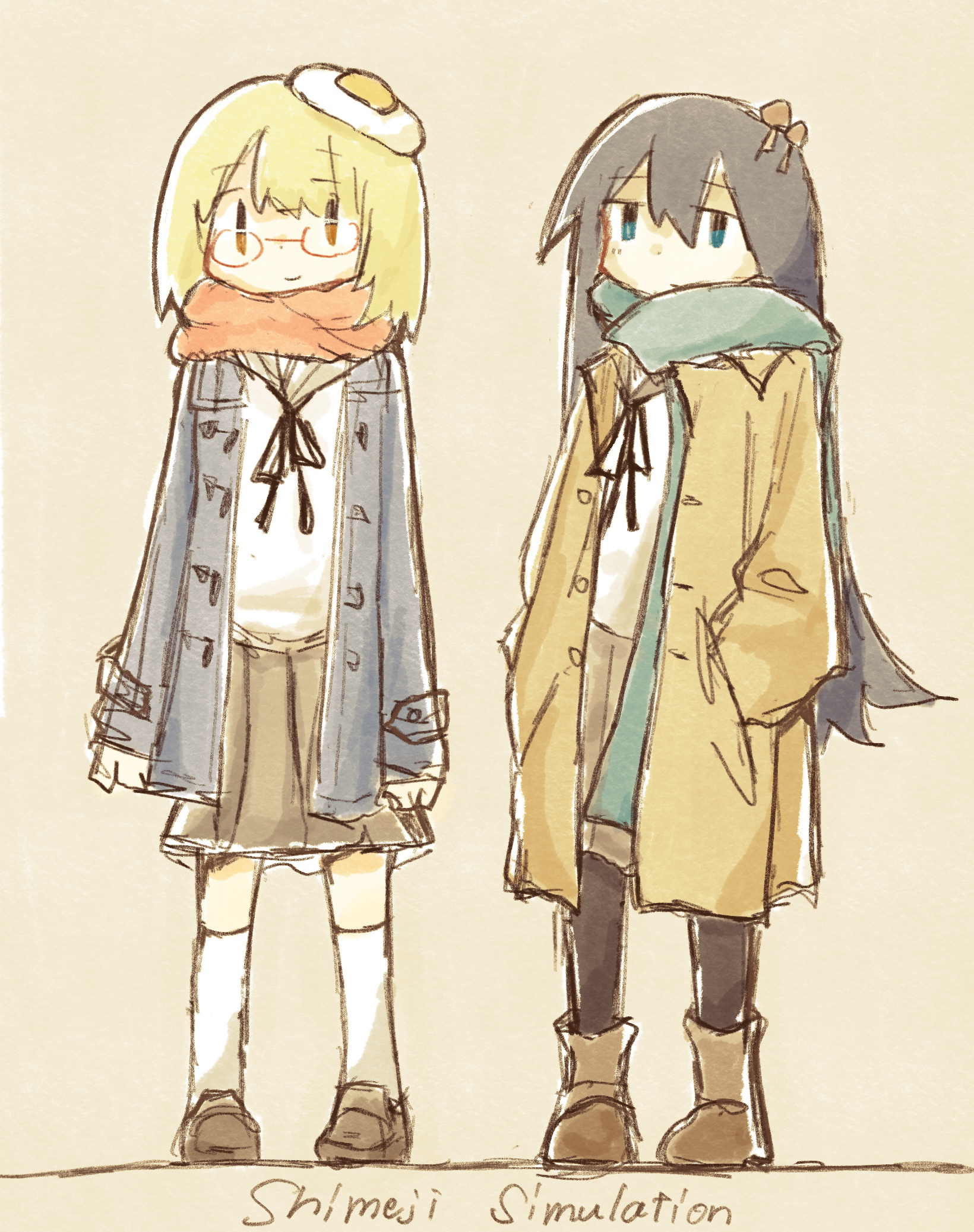 nerutti, tsukishima shijima, yamashita majime, shimeji simulation, highres, 2girls, arms at sides, black coat, black hair, black pantyhose, blonde hair, blue eyes, boots, brown background, brown boots, brown coat, brown eyes, brown shoes, brown skirt, closed mouth, coat, copyright name, egg hair ornament, food-themed hair ornament, glasses, hair ornament, hands in pockets, loafers, long hair, long sleeves, multiple girls, mushroom on head, open clothes, open coat, pantyhose, red-framed eyewear, round eyewear, shoes, short hair, simple background, skirt, smile, socks, white socks