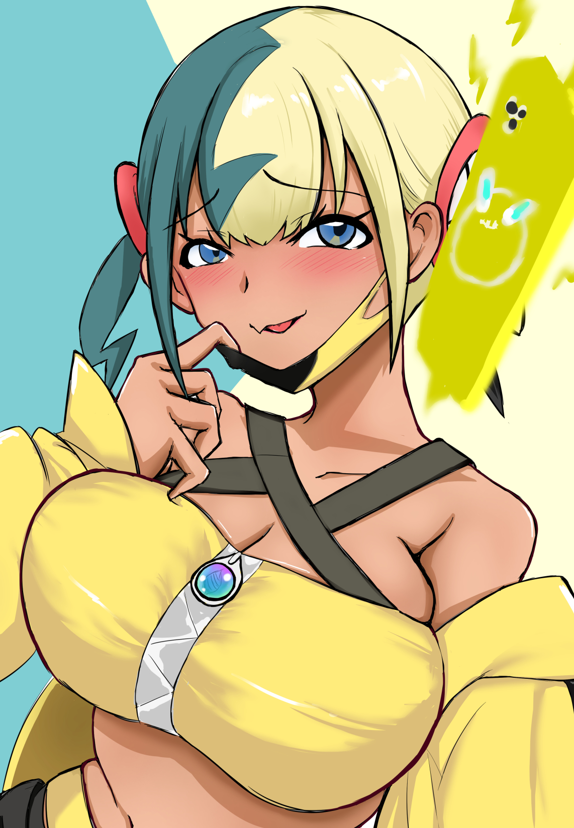 akaomisn, canari (pokemon), nintendo, pokemon, pokemon legends: z-a, highres, 1girl, aqua hair, bandeau, black mask, blonde hair, blue eyes, blush, center-flap bangs, criss-cross straps, dark-skinned female, dark skin, jacket, mask, mask pull, mega stone, mouth mask, multicolored hair, navel, raised inner eyebrows, short twintails, solo, split-color hair, twintails, two-tone mask, upper body, yellow bandeau, yellow jacket, yellow mask