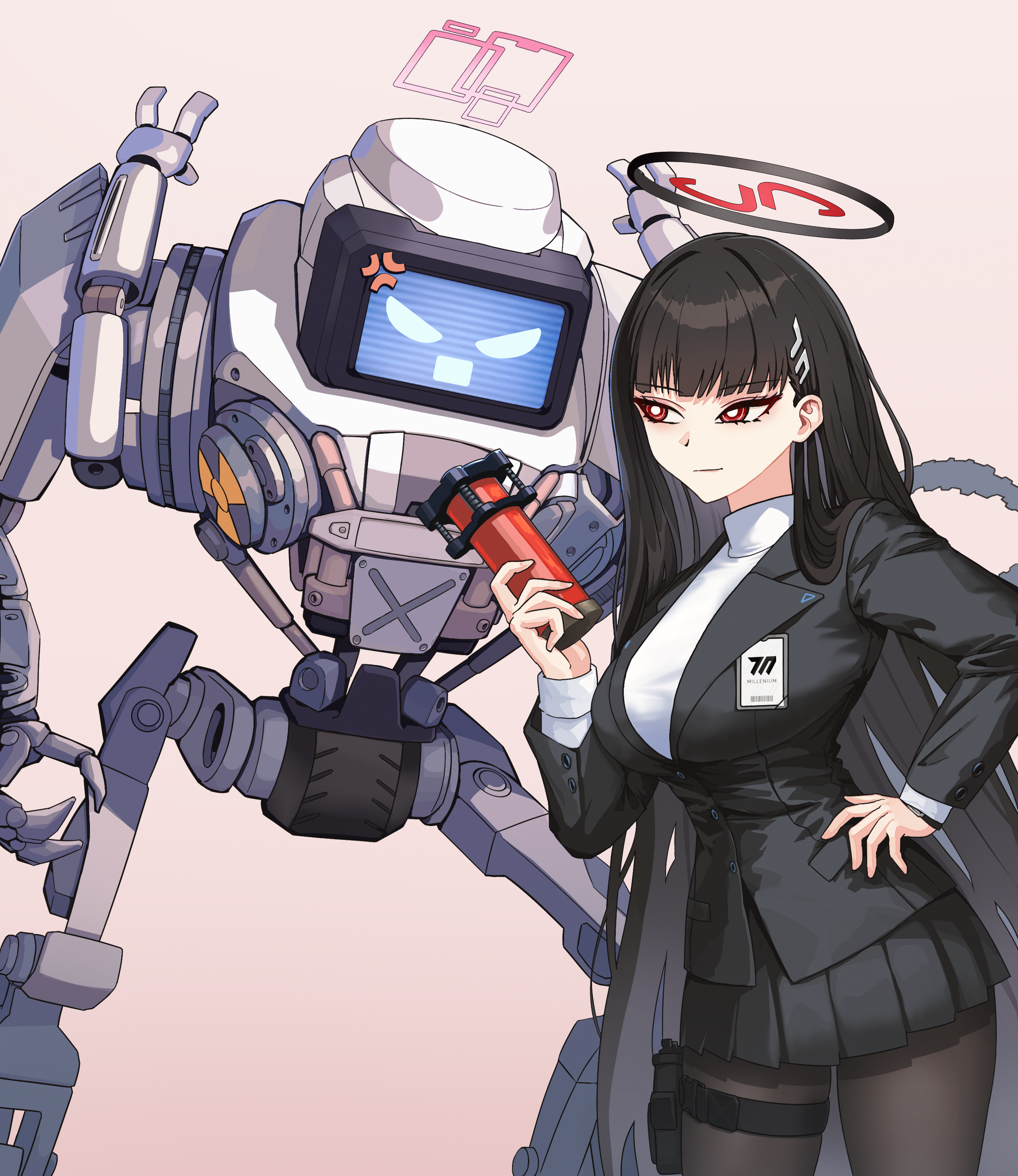 rake autumn, kei (amas) (blue archive), rio (blue archive), blue archive, absurdres, commentary, english commentary, highres, 1girl, black hair, black jacket, black pantyhose, black skirt, blazer, breasts, hair ornament, hairclip, halo, hand on own hip, holster, jacket, large breasts, long hair, pantyhose, pleated skirt, red eyes, ringed eyes, robot, skirt, smile, sweater, thigh holster, turtleneck, turtleneck sweater, white sweater