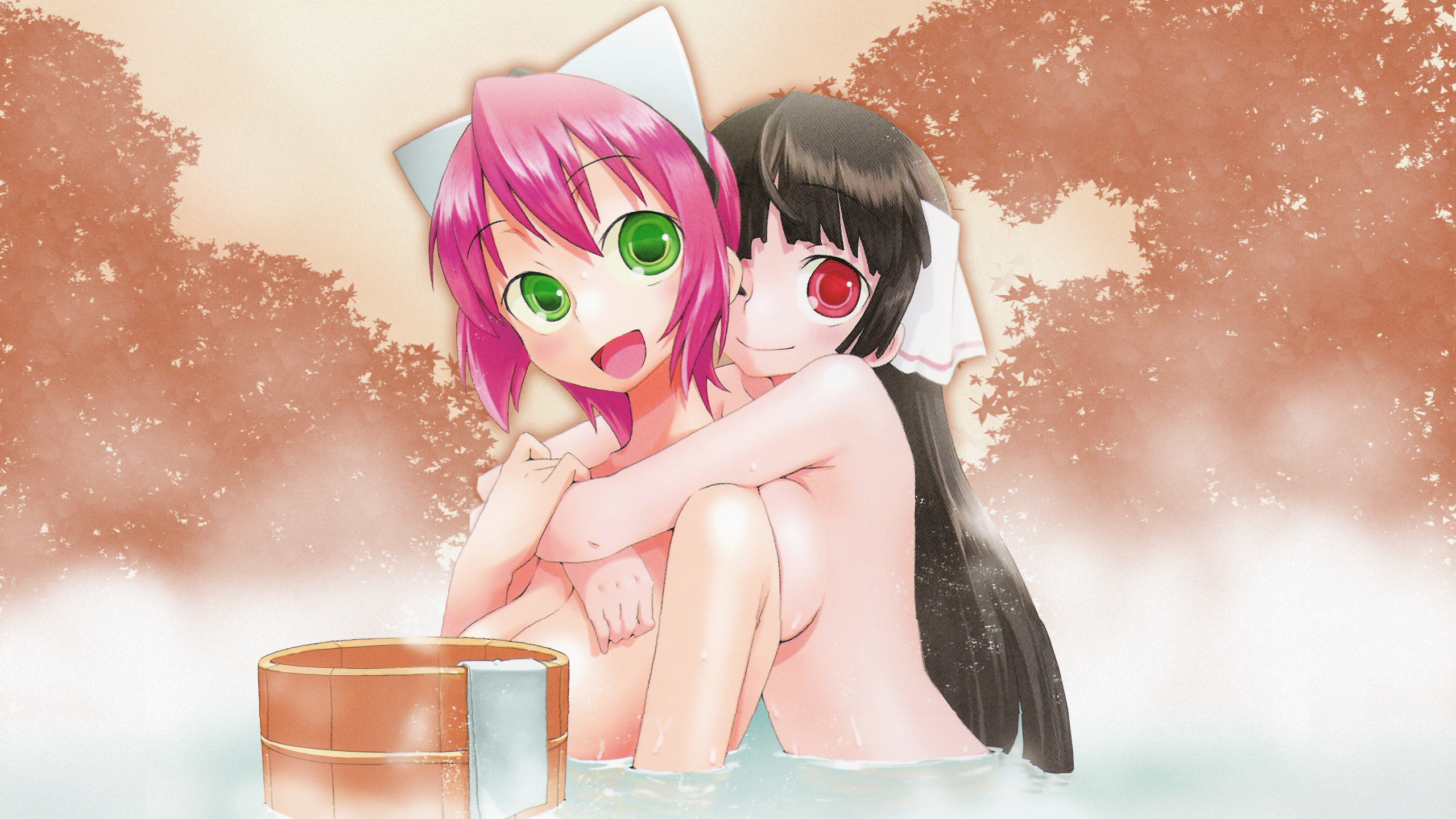 yoshida on, izuna (gouma reifuden izuna), shino (gouma reifuden izuna), shizune (gouma reifuden izuna), gouma reifuden izuna, highres, official art, official wallpaper, 2girls, black hair, breast press, breasts, breasts on another's back, censored, convenient censoring, green eyes, hug, hug from behind, large breasts, multiple girls, nude, onsen, open mouth, pink hair, red eyes, sideboob, smile, steam, towel, yuri