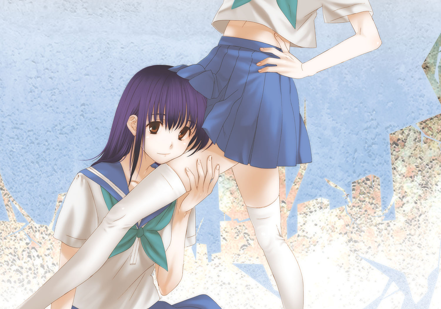 yukimitsuki, original, bad id, bad pixiv id, 2girls, brown eyes, legs, long hair, midriff, miniskirt, multiple girls, pleated skirt, purple hair, school uniform, serafuku, sitting, skirt, smile, standing, thighhighs, white thighhighs, zettai ryouiki