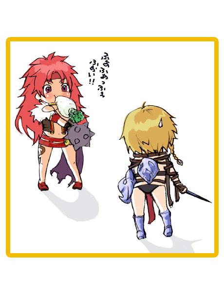 exiled warrior leina, leina (queen's blade), risty (queen's blade), wilderness bandit risty, queen's blade, translation request, 00s, 2girls, ass, blush, chibi, club, club (weapon), from behind, long hair, miniskirt, multiple girls, revealing clothes, skirt, spiked club, standing, text focus, very long hair, weapon