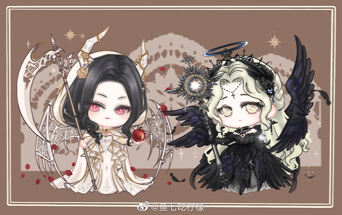 xiaoyu qixing, nikki (series), shining nikki, chinese commentary, commentary request, 2girls, a gloomy start (shining nikki), angel and devil, angel wings, apple, bare shoulders, black collar, black dress, black gloves, black hair, black tiara, black wings, blue halo, blush, braid, brown background, chibi, circlet, cloak, closed mouth, collar, cross, cross earrings, crown braid, demon girl, demon horns, detached collar, detached sleeves, dress, dustless feathers (shining nikki), earrings, elbow gloves, expressionless, feather-trimmed dress, feather-trimmed gloves, feather hair ornament, feathered wings, feathers, flower, food, forehead, frilled dress, frills, fruit, gate, gem, gloves, gown, hair flower, hair ornament, hair over shoulder, halo, hexagram, high collar, holding, holding food, holding fruit, holding scythe, hood, hood up, hooded cloak, horn flower, horns, jewelry, lace-trimmed collar, lace trim, layered dress, light blush, light frown, long dress, long hair, long sleeves, looking at viewer, multiple girls, multiple wings, necklace, petals, picture frame, pink eyes, plant, pleated dress, print dress, red gemstone, rose, rose petals, scythe, seraph, skeletal wings, slit pupils, smirk, smug, sparkle, standing, star (symbol), star in eye, strapless, strapless dress, symbol in eye, tiara, traditional halo, translucent horns, tsurime, very long hair, vines, watermark, wavy hair, weibo watermark, white cloak, white dress, white horns, white sleeves, white wings, wings, yellow eyes, yellow flower, yellow rose