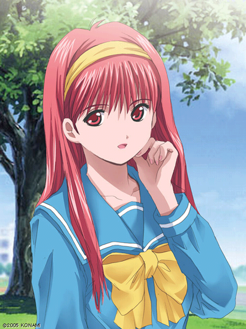 fujisaki shiori, tokimeki memorial, tokimeki memorial 1, 00s, 1girl, 2005, blue sailor collar, bow, company name, day, female focus, hairband, long hair, long sleeves, looking at viewer, nail polish, open mouth, outdoors, pink nails, red eyes, red hair, sailor collar, school uniform, serafuku, solo, tree, upper body, yellow bow