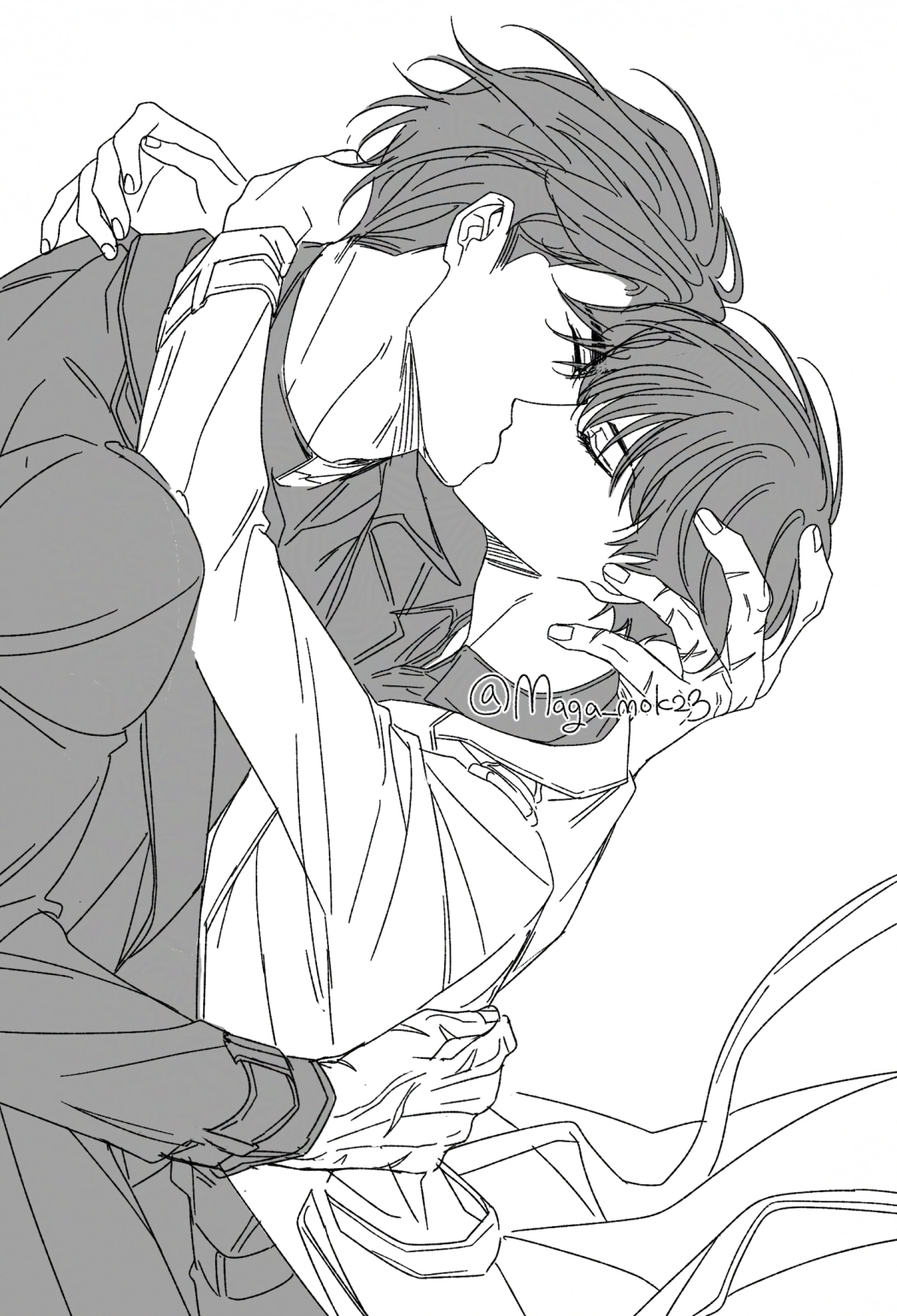 maga mok23, kim dokja, yoo joonghyuk, omniscient reader's viewpoint, highres, 2boys, arm around back, arm around neck, black coat, black hair, closed eyes, coat, hand on another's back, hand on another's head, kiss, male focus, multiple boys, multiple scars, open clothes, open coat, popped collar, scar, scar on hand, short hair, white coat, yaoi