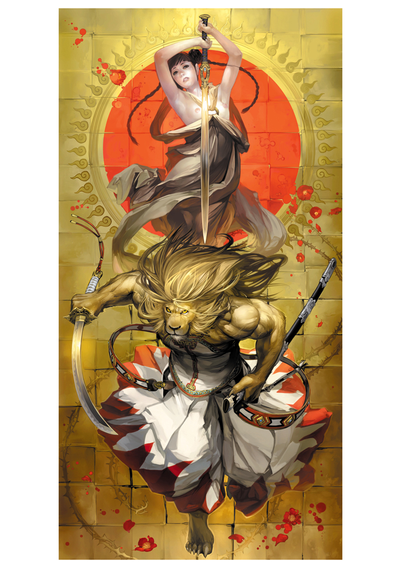 takayama toshiaki, original, 1boy, 1girl, armpits, arms up, baggy pants, barefoot, blunt bangs, braid, breastless clothes, breasts, brown hair, claws, dress, fantasy, flower, furry, furry male, hair bun, halterneck, holding, holding sword, holding weapon, lion, long hair, looking at viewer, muscular, nipples, no bra, pants, parted lips, scabbard, sheath, shirt, single hair bun, sleeveless, sleeveless dress, sleeveless shirt, small breasts, sun symbol, sword, tiles, twin braids, two-handed, weapon, yellow eyes