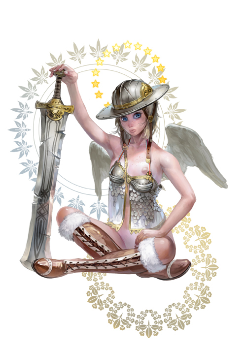 takayama toshiaki, original, bad id, bad pixiv id, 1girl, armor, blonde hair, blue eyes, boots, bottomless, breast slip, breasts, crossed legs, female focus, freckles, hat, indian style, knee boots, nipples, one breast out, sitting, solo, sword, weapon, wings