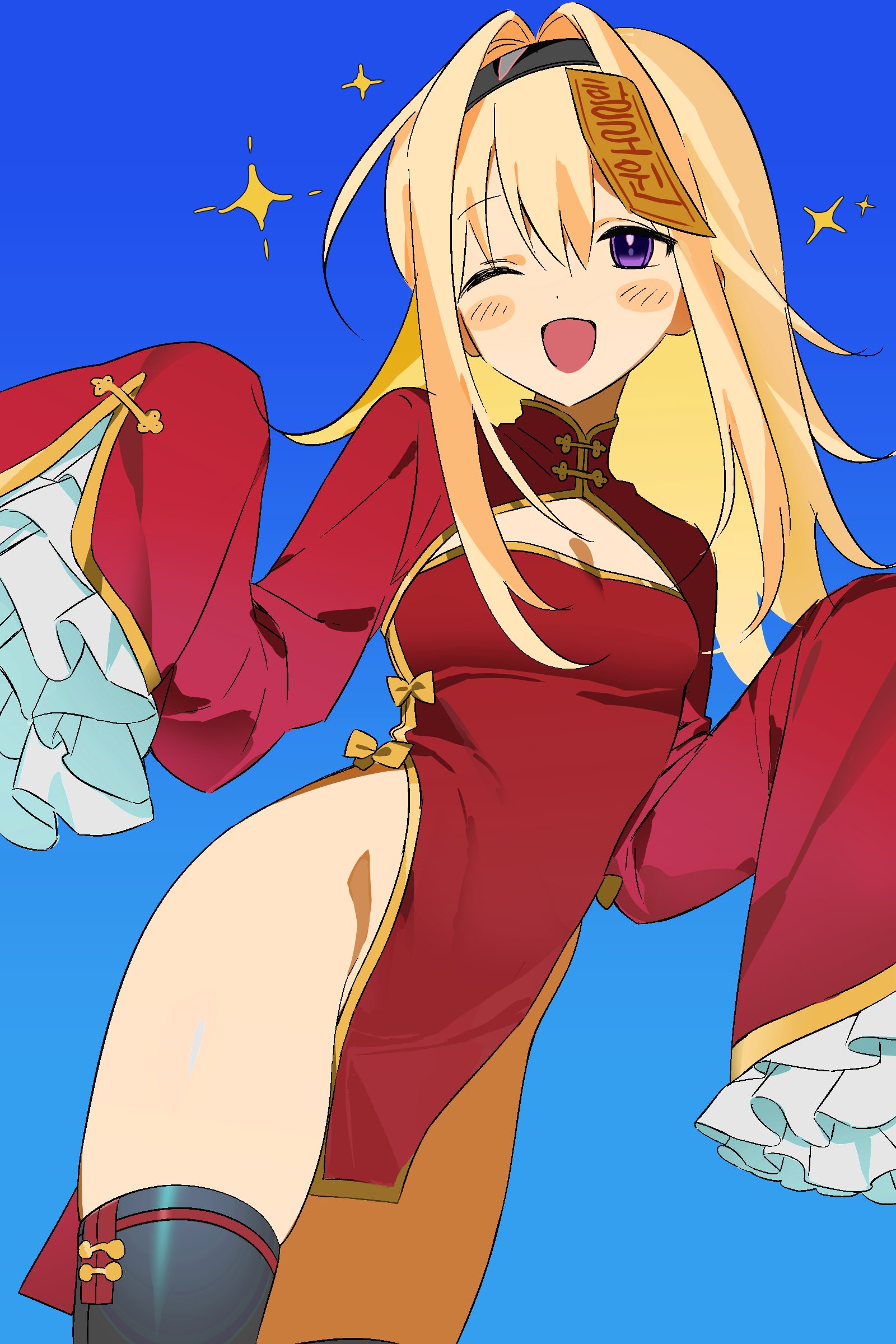 nishijou nanami, chaos;head, science adventure, absurdres, highres, 1girl, ;d, alion 9715, blonde hair, breasts, china dress, chinese clothes, clothing cutout, dress, hairband, leotard, long hair, long sleeves, looking at viewer, no panties, one eye closed, open mouth, pelvic curtain, purple eyes, sleeves past wrists, smile, solo, thighhighs