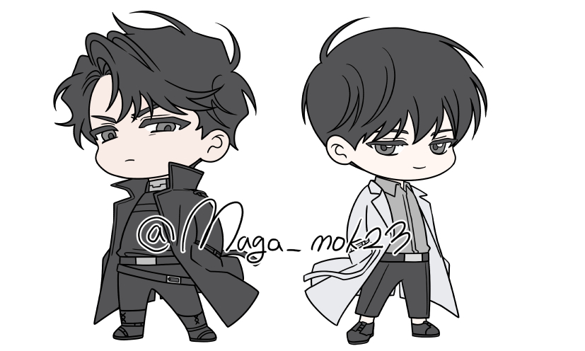 maga mok23, kim dokja, yoo joonghyuk, omniscient reader's viewpoint, commentary request, korean commentary, 2boys, ahoge, black coat, black eyes, black hair, black shirt, chibi, chibi only, coat, collared shirt, contrapposto, crew neck, curtained hair, full body, grey shirt, hands in pockets, looking at viewer, male focus, multiple boys, narrowed eyes, open clothes, open coat, popped collar, shirt, short hair, smile, white coat
